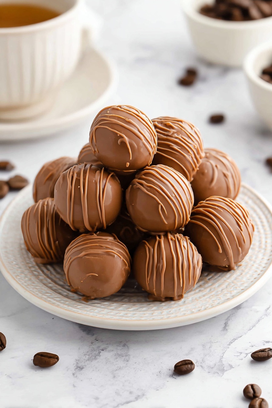 A white round plate with a textured rim holds a neat pile of shiny, smooth milk chocolate balls. Each chocolate ball is coated with thin, light brown lines drizzled across their surface in a wavy pattern. Scattered around the plate and surface are a few dark brown coffee beans, enhancing the look. The plate is placed on a white marbled surface, creating a soft, clean background that makes the chocolates stand out. The overall image shows a close-up view with a soft focus on the chocolates and a blurred context of small bowls in the background photo taken with an iphone --ar 2:3 --v 7 - Delicious Coffee Chocolate Truffles, coffee chocolate truffles, easy chocolate truffles, coffee-flavored desserts, gourmet chocolate treats
