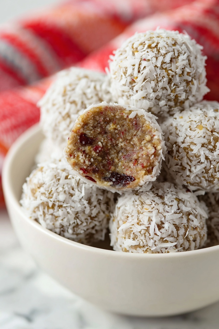 A close-up view of round dessert balls stacked inside a white bowl, each ball covered with a layer of white shredded coconut flakes, giving a rough texture on the outside. One ball is broken in half and shows a dense inside layer with a brown color mixed with visible tiny bits of red and light tan ingredients. The balls contrast against a soft white marbled surface in the background, with a red and white cloth slightly blurred behind the bowl. Photo taken with an iphone --ar 2:3 --v 7 - Chocolate Nut Date Energy Balls, healthy energy bites, no-bake snack recipes, quick nutritious snacks, homemade energy balls