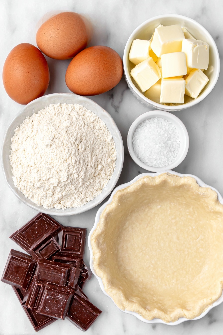 Flat lay of two large brown eggs with clean shells, a small pile of unsweetened dark chocolate squares, a small white ceramic bowl with cubed unsalted butter, a small white ceramic bowl filled with granulated white sugar, a tiny pinch of coarse salt crystals on a white ceramic dish, a small white ceramic bowl holding pale beige all-purpose flour, and a small white ceramic bowl containing clear vanilla extract liquid, all arranged symmetrically with a simple 9-inch unbaked pie crust in a white ceramic pie dish, placed on a clean white marble surface, soft natural light, photo taken with an iPhone, professional food photography style, fresh ingredients, white ceramic bowls, no bottles, no duplicates, no utensils, no packaging --ar 2:3 --v 7 --p m7354615311229779997 - Chocolate Fudge Pie, Chocolate Fudge Pie recipe, easy chocolate dessert, fudgy chocolate pie, quick chocolate pie