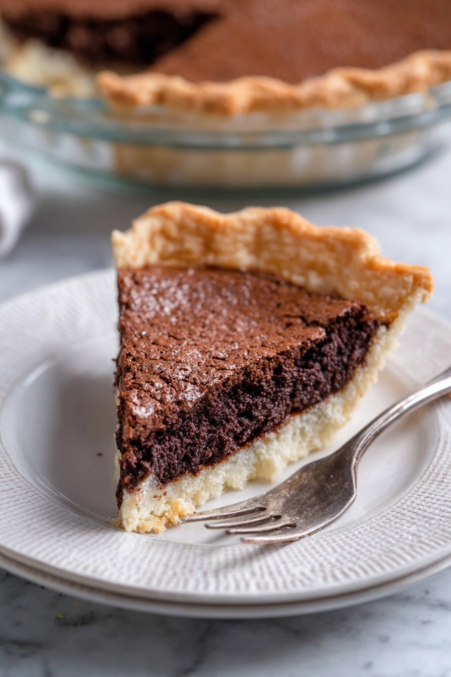 A slice of chocolate pie with two visible layers sits on a white plate with a textured rim. The bottom layer is a pale, flaky crust that looks crisp and light, while the top layer is a rich, dark brown, slightly cracked chocolate filling with a dense but slightly crumbly texture. The pie slice is positioned close to the edge of the plate with a silver fork resting beside it. In the background, part of the pie in a clear glass pie dish is visible on a white marbled surface. Photo taken with an iphone --ar 2:3 --v 7 - Chocolate Fudge Pie, Chocolate Fudge Pie recipe, easy chocolate dessert, fudgy chocolate pie, quick chocolate pie