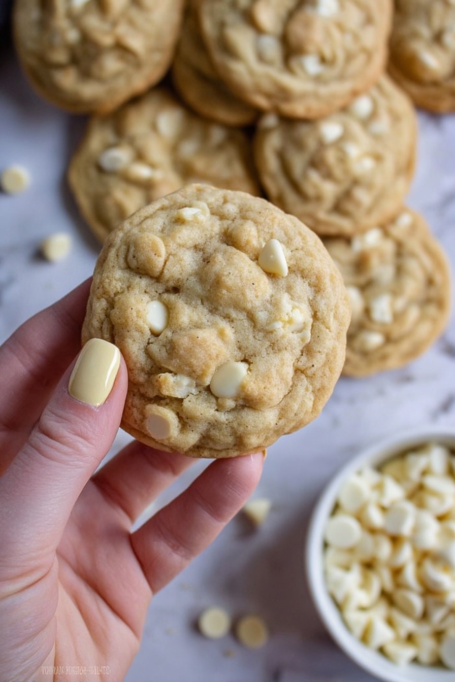 A woman's hand with pale yellow nail polish holds a light brown cookie filled with white chocolate chips, showing a textured and slightly cracked top layer with embedded white chips. Below and behind the cookie are multiple similar cookies arranged loosely on a white marbled surface, with a small white bowl on the right filled with white chocolate chips. Some loose white chocolate chips are scattered around the cookies, adding detail to the scene. The image has a soft-focused background emphasizing the held cookie in the forefront. photo taken with an iphone --ar 2:3 --v 7 - White Chocolate Macadamia Cookies, white chocolate macadamia cookie recipe, buttery macadamia cookies, creamy white chocolate cookies, easy cookie recipes