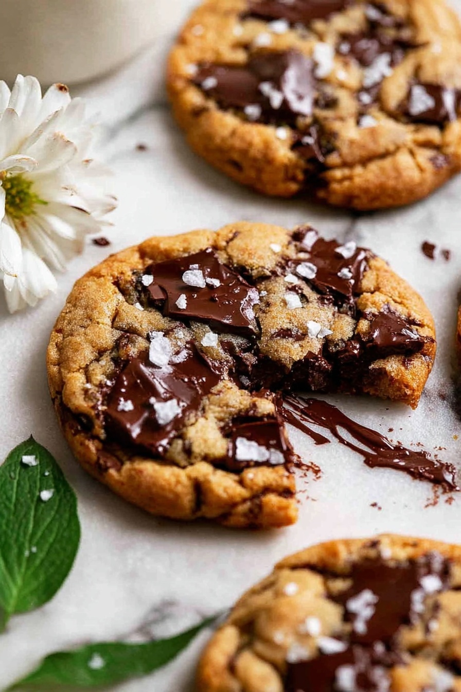 Three warm chocolate chunk cookies are placed on a white marbled surface in a close-up view. The cookies have a golden brown color with large, dark melted chocolate pieces unevenly spread across the top, one cookie is broken in half showing gooey chocolate inside. Small flakes of white salt are scattered on top giving a slight shine. A green leaf and a white flower rest near the cookies adding a natural touch. The focus is sharp on the closest cookie with a soft blur on others in the background, showing texture and detail in the dough and chocolate. photo taken with an iphone --ar 2:3 --v 7 - Brown Butter Oatmeal Chocolate Chip Cookies, oatmeal chocolate chip cookies, brown butter cookie recipe, chewy chocolate chip cookies, homemade cookie recipes