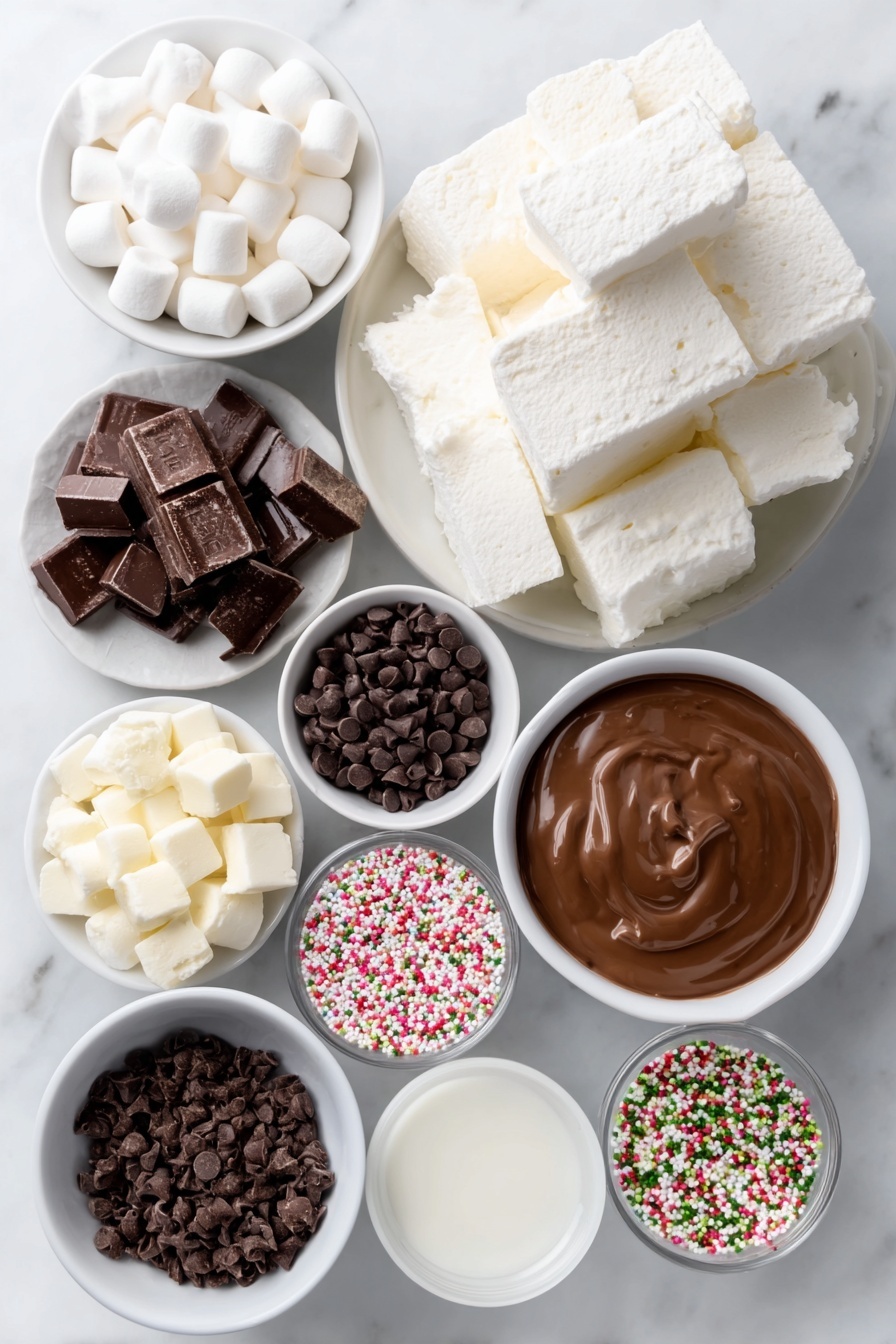 Flat lay of large white marshmallows, smooth milk chocolate candy melts in a small white ceramic bowl, white lollipop sticks neatly aligned, colorful assorted sprinkles in a small white ceramic bowl placed symmetrically around, all ingredients fresh and natural, balanced layout, perfect symmetry, placed on a clean white marble surface, soft natural light, photo taken with an iPhone, professional food photography style, fresh ingredients, white ceramic bowls, no bottles, no duplicates, no utensils, no packaging --ar 2:3 --v 7 --p m7354615311229779997 - Chocolate Marshmallow Pops, chocolate marshmallow treats, easy marshmallow pops, kid-friendly dessert ideas, festive chocolate pops