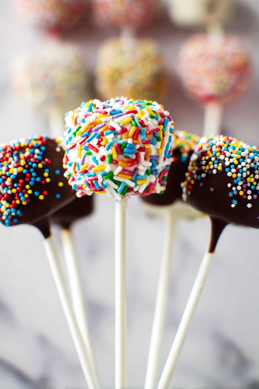 Five small round cake pops are shown on white sticks, three in clear focus and two blurred in the background. The cake pop in the center is coated in white frosting covered with long, colorful sprinkles in red, green, blue, orange, pink, and yellow. The two cake pops on either side are dipped in dark chocolate and covered with tiny round sprinkles in a mix of red, yellow, green, blue, white, purple, and orange. The cake pops are held upright close together against a soft white marbled background, with more cake pops blurred in the back, giving depth to the image. photo taken with an iphone --ar 2:3 --v 7 - Chocolate Marshmallow Pops, chocolate marshmallow treats, easy marshmallow pops, kid-friendly dessert ideas, festive chocolate pops