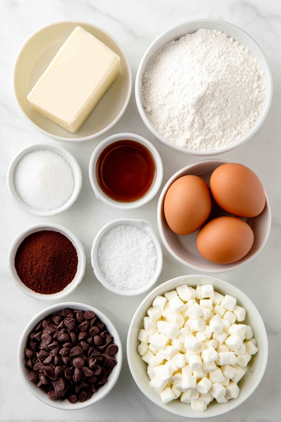 Flat lay of a small pile of softened butter, a small white ceramic bowl filled with white granulated sugar, another small white bowl with brown sugar, two whole large brown eggs with clean shells, a small white bowl of clear vanilla extract, a simple mound of all purpose flour, a neat stack of four individual sachets of hot cocoa mix removed and poured into a small white bowl (powder visible), a small white bowl with white salt crystals, a small white bowl with white baking soda powder, a small white bowl with white baking powder, a small heap of chocolate chips, and a small white bowl filled with white Mallow Bits (mini marshmallow pieces) arranged in perfect symmetry, placed on a clean white marble surface, soft natural light, photo taken with an iPhone, professional food photography style, fresh ingredients, white ceramic bowls, no bottles, no duplicates, no utensils, no packaging --ar 2:3 --v 7 --p m7354615311229779997 - Hot Chocolate Cookie Bites, Hot Chocolate Cookie Bites recipe, easy hot cocoa cookies, soft chocolate cookie bites, marshmallow studded cookies
