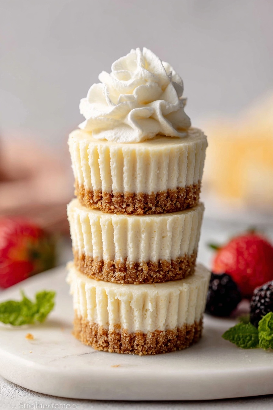 The image shows three small cheesecakes stacked on top of each other on a white marbled plate, with each mini cheesecake having two layers: a thick cream-colored smooth cheesecake layer on top and a brown crumbly crust layer at the bottom. The top cheesecake is decorated with a swirl of white whipped cream, adding a soft and creamy texture. Around the bottom edge of the plate and slightly blurred in the background, there are some red strawberries and dark berries, along with green mint leaves, all resting on the white marbled surface. photo taken with an iphone --ar 2:3 --v 7 - Mini Cheesecakes in Muffin Pan, mini cheesecake recipes, easy cheesecake ideas, individual cheesecakes, bite-sized desserts