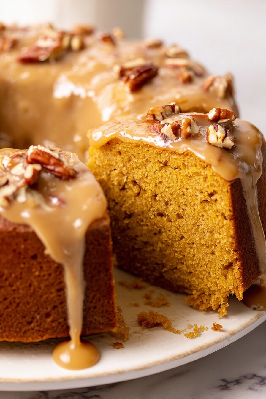 The image shows a close-up of a thick round cake with one large slice pulled out to reveal its moist, dense, golden-brown interior. The cake is covered with a smooth, light brown glaze that drips down the sides, adding a shiny texture. Small pieces of pecans are scattered on top of the glaze and around the base of the cake. The cake sits on a white plate over a white marbled surface. photo taken with an iphone --ar 2:3 --v 7 - Sweet Potato Pound Cake with Brown Butter Glaze, moist sweet potato cake, brown butter glaze recipe, cozy dessert with sweet potato, fall flavor pound cake