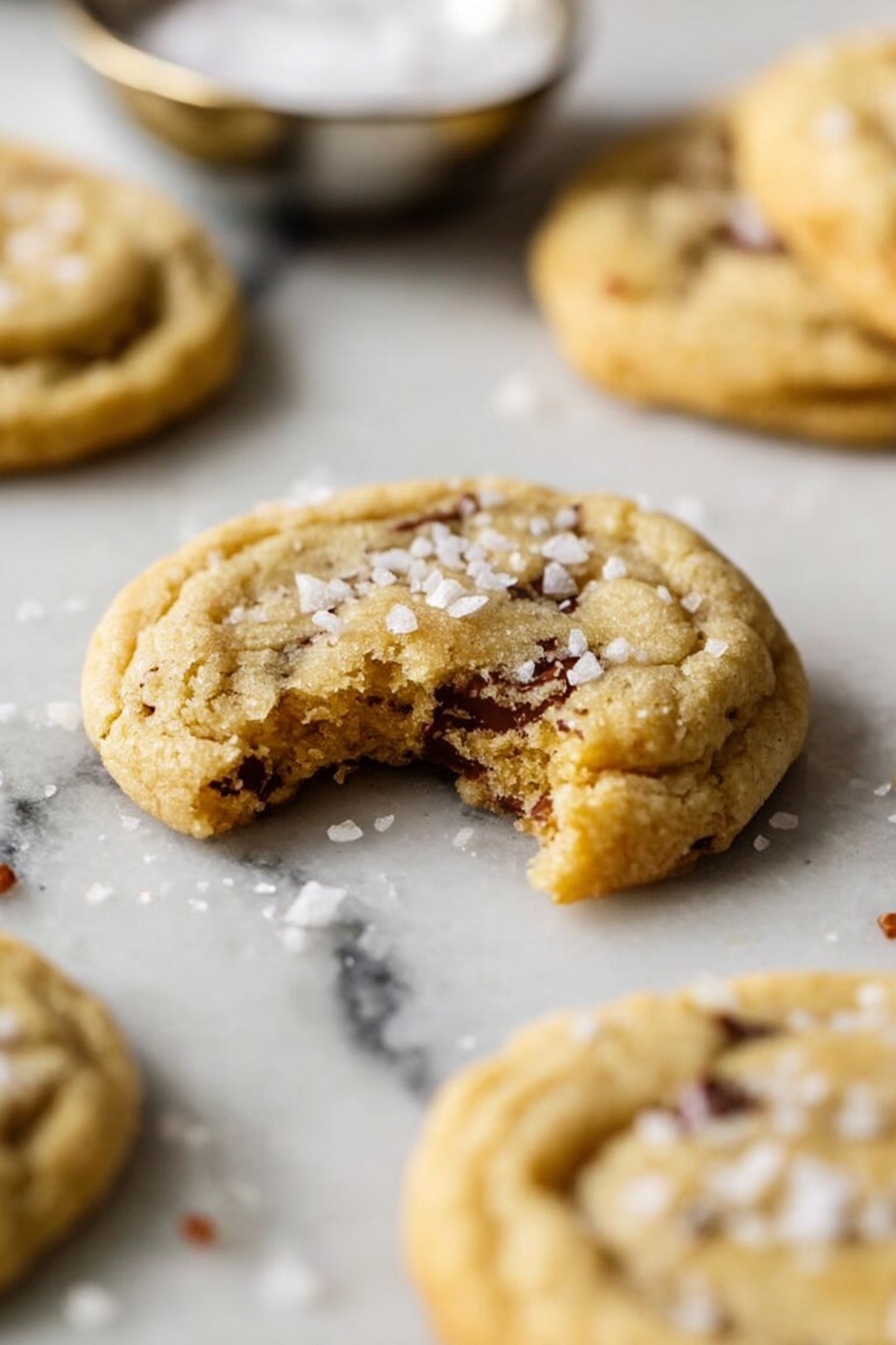 A close-up image of a single light golden brown cookie with a soft, slightly crumbly texture and small chocolate bits inside, with a bite taken out showing the inside, placed on a white marbled surface; around it are more whole cookies of the same type, and a small silver bowl with coarse salt in the background, slightly out of focus, with some flakes of salt sprinkled on the cookie and the surface; the overall look is warm, inviting, and cozy, photo taken with an iphone --ar 2:3 --v 7 - Brown Butter Toffee Cookies, toffee cookies with browned butter, chewy toffee cookie recipe, homemade caramelized butter cookies, easy toffee cookie treats