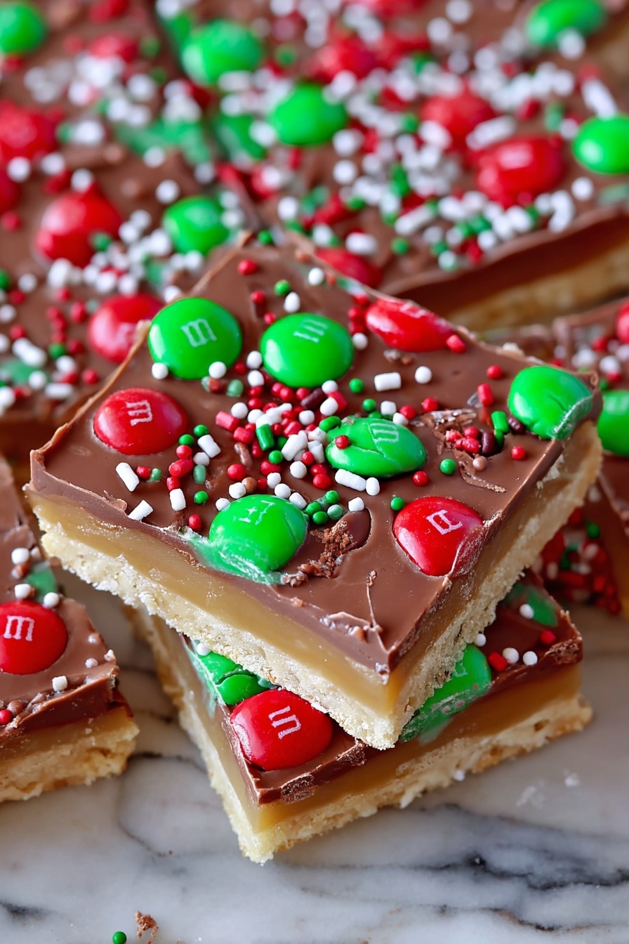The image shows square candy bars with three clear layers: a pale cookie or cracker base at the bottom, a thick caramel layer in the middle, and a smooth milk chocolate layer on top. The chocolate surface is decorated with red and green M&M candies, some of which are whole and some are broken, along with small flat round sprinkles in red, green, and white scattered all over. The bars are stacked slightly unevenly on a white marbled surface, with the top bar in clear focus showing the layers and candy details up close. photo taken with an iphone --ar 2:3 --v 7 - Saltine Toffee Squares, Saltine Toffee Squares Recipe, Saltine Toffee Treats, Easy Toffee Squares, Holiday Toffee Cookies