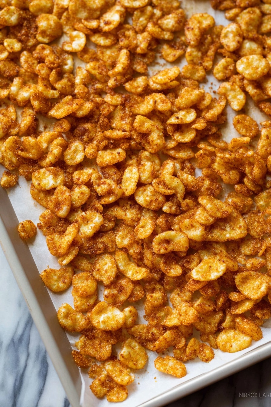 The image shows a white baking tray filled with small, irregular shaped, golden brown crisps spread unevenly across a white parchment paper lining. The crisps have a crunchy texture with some darker edges, giving a toasted look, and they cover most of the surface with some gaps near the edges of the tray. The background surface is a white marbled texture, providing a clean contrast to the warm tones of the crisps. photo taken with an iphone --ar 2:3 --v 7 - Caramel Puff Corn Snack, sweet and salty popcorn snack, easy caramel corn recipe, crunchy caramel popcorn, holiday snack ideas