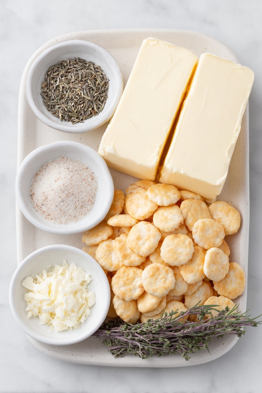 Flat lay of two whole sticks of unsalted butter on a simple white ceramic plate, a small white bowl filled with fine ranch seasoning powder, a small white bowl containing lemon pepper spice blend, a small white bowl holding dried dill weed, a small white bowl with garlic powder, and a generous pile of fresh, lightly golden oyster crackers arranged neatly on a simple white ceramic dish, all placed on a clean white marble surface, soft natural light, photo taken with an iPhone, professional food photography style, fresh ingredients, white ceramic bowls, no bottles, no duplicates, no utensils, no packaging --ar 2:3 --v 7 --p m7354615311229779997 - Ranch Oyster Crackers, Easy Snack Recipes, Savory Party Snacks, Homemade Oyster Crackers, Herbed Snack Mixes