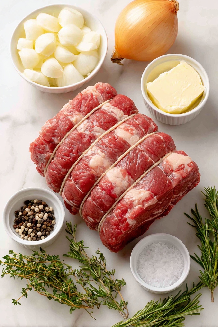 Flat lay of a large bone-in prime rib roast tied with kitchen twine, a small white ceramic bowl of softened butter, a few peeled garlic cloves, a small white bowl of coarse kosher salt crystals, fresh thyme sprigs with tiny green leaves, fresh rosemary sprigs, whole black peppercorns scattered neatly, a medium yellow onion quartered, all ingredients arranged symmetrically on a clean white marble surface, soft natural light, photo taken with an iPhone, professional food photography style, fresh ingredients, white ceramic bowls, no bottles, no duplicates, no utensils, no packaging --ar 2:3 --v 7 --p m7354615311229779997 - Garlic Herb Prime Rib, prime rib roast recipe, garlic herb beef, tender prime rib with herbs, juicy prime rib dinner