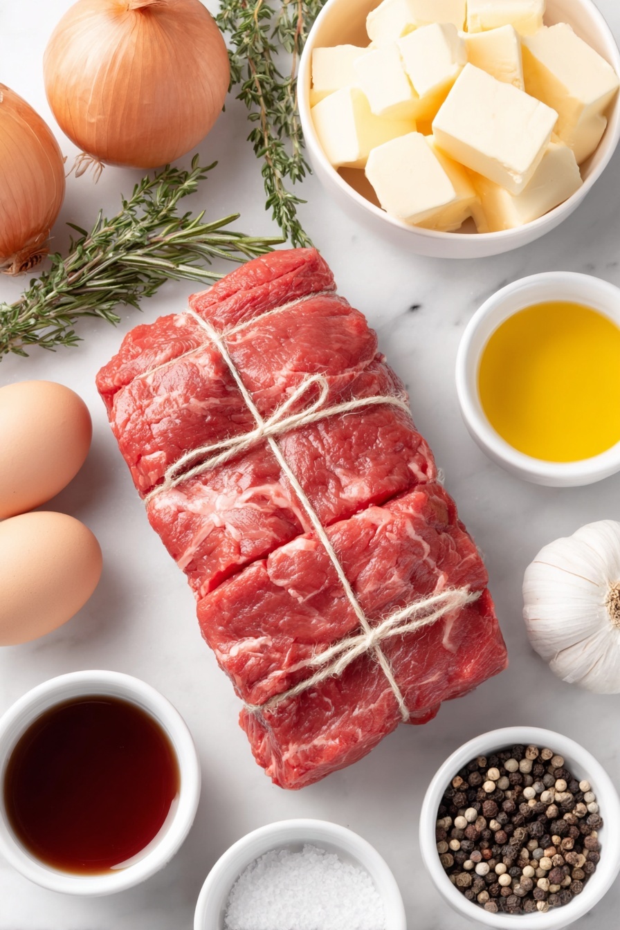 Flat lay of a whole raw beef tenderloin with ends folded over and tied with twine, two whole shallots with papery skins intact, three fresh thyme sprigs, four uncracked brown eggs, four fresh rosemary sprigs loosely placed, four whole garlic cloves with skins on, a small white ceramic bowl of unsalted butter cubes, a small white ceramic bowl filled with deep red wine, a small white ceramic bowl of rich beef broth, a small white ceramic bowl of golden olive oil, a small white ceramic bowl with coarse sea salt crystals, a small white ceramic bowl of mixed black peppercorns, arranged in perfect symmetry on a clean white marble surface, soft natural light, photo taken with an iPhone, professional food photography style, fresh ingredients, white ceramic bowls, no bottles, no duplicates, no utensils, no packaging --ar 2:3 --v 7 --p m7354615311229779997 - Beef Tenderloin with Red Wine Sauce, beef tenderloin recipe, red wine steak sauce, elegant beef dinner, easy gourmet beef dish