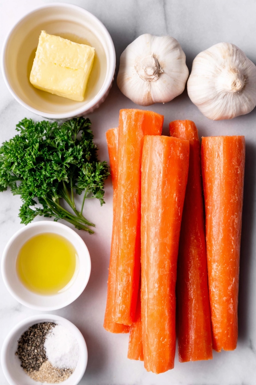 Flat lay of fresh peeled orange carrots cut into diagonal segments, a small white bowl of loosely packed golden brown sugar, two whole uncracked garlic bulbs, a small white bowl of melted golden butter, a small white bowl of clear olive oil, a small white bowl of fine white salt, a small white bowl of cracked black pepper, and a few sprigs of fresh green parsley all arranged with perfect symmetry, each ingredient natural and fresh, placed on a clean white marble surface, soft natural light, photo taken with an iPhone, professional food photography style, fresh ingredients, white ceramic bowls, no bottles, no duplicates, no utensils, no packaging --ar 2:3 --v 7 --p m7354615311229779997 - Brown Sugar Roasted Carrots, roasted carrot side dish, caramelized carrots, easy vegetable recipes, sweet roasted carrots