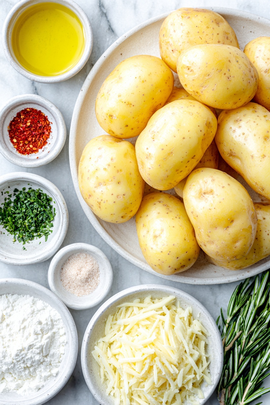 Flat lay of a cluster of fresh new potatoes with smooth skin, a small white ceramic bowl filled with golden olive oil, a neat heap of white cornstarch powder on the surface, a small white bowl containing freshly ground black pepper, another small white bowl with coarse kosher salt crystals, a pinch of vibrant red paprika powder arranged in a small white bowl, a small white bowl holding light beige garlic powder, a small white bowl with pale onion powder, a few sprigs of bright green minced fresh rosemary arranged neatly, a small white bowl piled with finely grated pale yellow Parmesan cheese, and a small scattering of freshly chopped vibrant green parsley leaves on a simple white ceramic plate — all ingredients fresh and natural, perfectly spaced with balanced symmetry — placed on a clean white marble surface, soft natural light, photo taken with an iPhone, professional food photography style, fresh ingredients, white ceramic bowls, no bottles, no duplicates, no utensils, no packaging --ar 2:3 --v 7 --p m7354615311229779997 - Garlic Rosemary Crispy Roasted Potatoes, crispy roasted potatoes, garlic rosemary potatoes, easy roasted potato side dish, flavorful potato recipes