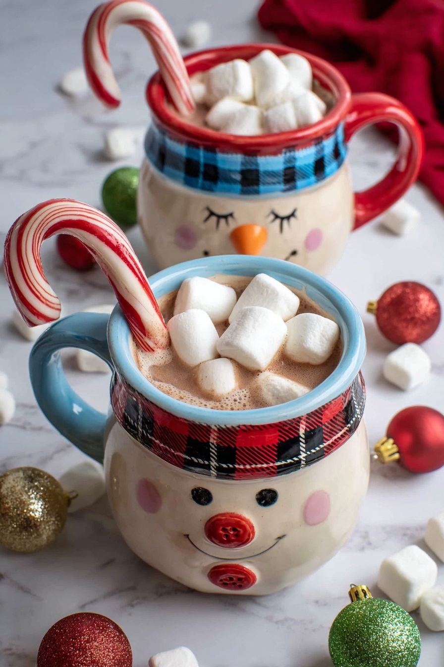 Two festive snowman mugs filled with light brown hot chocolate sitting on a white marbled surface. Each mug has a distinct design: the one in the front has a blue rim and handle, closed eyes with long lashes, an orange carrot nose, and a red and black plaid scarf painted on the body. It is topped with several white marshmallows and one large marshmallow leaning on the rim with a red and white striped candy cane hooked inside the mug. The mug in the back has a red rim and handle, open eyes, an orange carrot nose, a blue and black checkered scarf, and red buttons painted on the body. It is filled with marshmallows and also has a red and white candy cane inside. Around the mugs, there are scattered white marshmallows, some shiny red, green, and gold Christmas ornaments, and a red cloth in the background. Photo taken with an iphone --ar 2:3 --v 7 - Creamy Hot Chocolate with Marshmallows, rich hot chocolate, easy hot chocolate recipe, homemade hot chocolate, comforting winter drinks