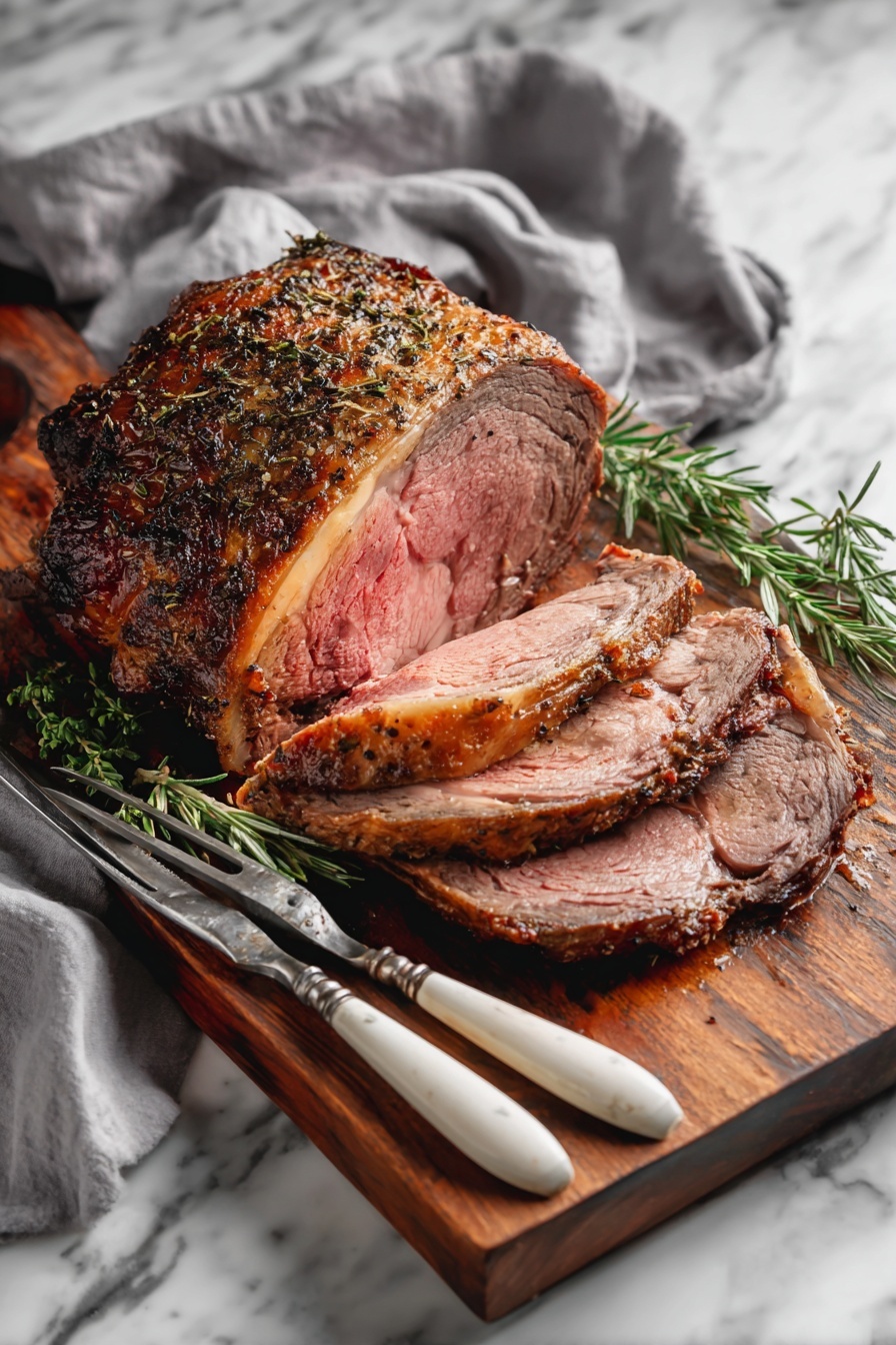 A large roasted meat piece placed on a wooden board with visible seasoning and herbs on its brown, crispy outer layer. The meat is sliced into three thick pieces showing a pink inside, indicating it is cooked medium. There is a sprig of fresh green rosemary on the right side. Two vintage carving utensils with white handles lie next to the meat on the board. The background is a white marbled surface with a gray cloth draped loosely behind the wooden board. Photo taken with an iphone --ar 2:3 --v 7 - Garlic Herb Butter Prime Rib, prime rib recipe, roast beef with garlic herb butter, tender prime rib, holiday beef main dish