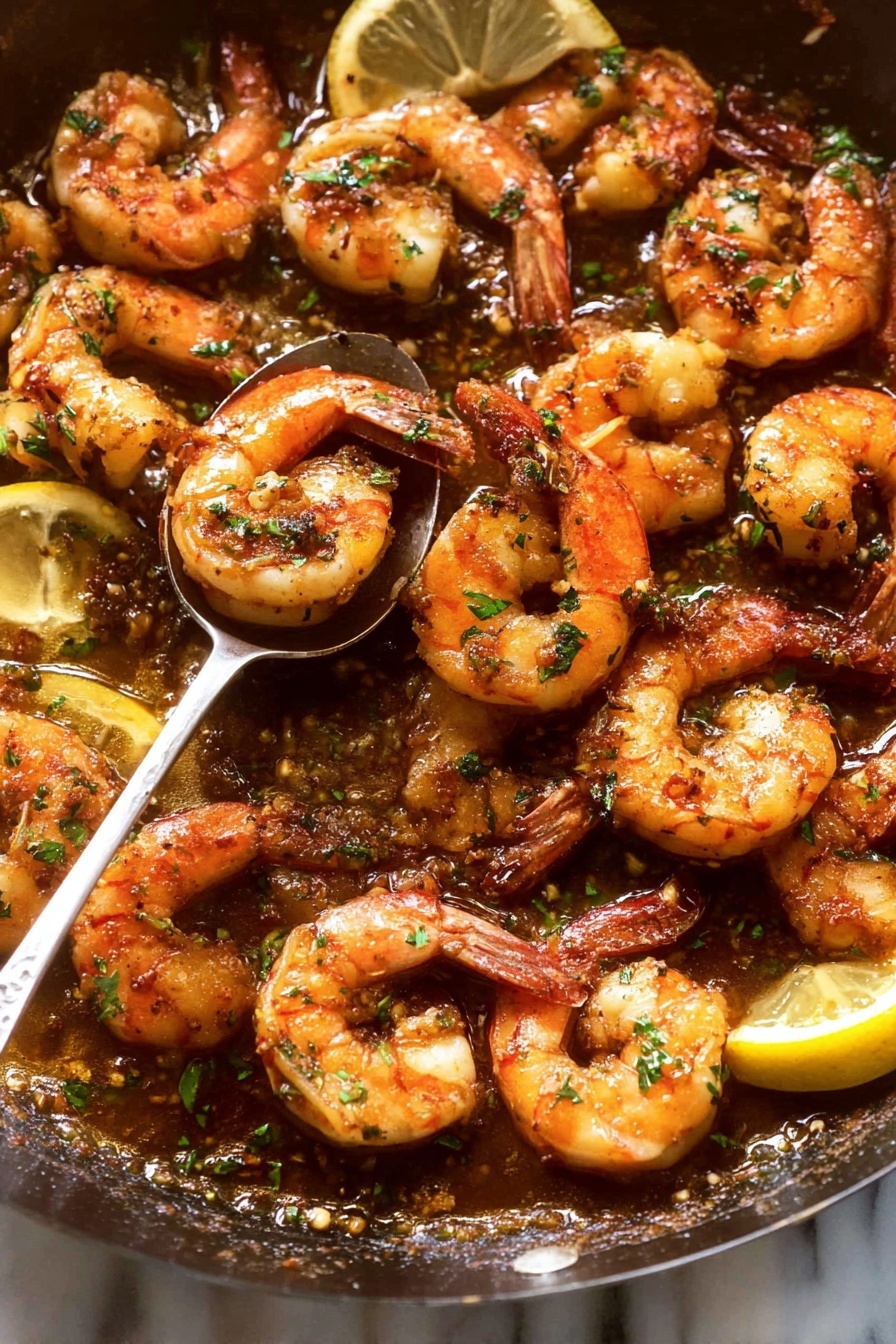 The image shows a close-up view of cooked shrimp piled on a white plate. The shrimp are orange with charred marks and sprinkled with small green herb flakes. A spoon is held above the shrimp by a woman's hand, dripping a golden sauce onto them. The background surface is a white marbled texture. photo taken with an iphone --ar 2:3 --v 7 - Garlic Shrimp Skillet, garlic shrimp recipe, easy shrimp dinner, quick seafood recipe, flavorful shrimp dishes