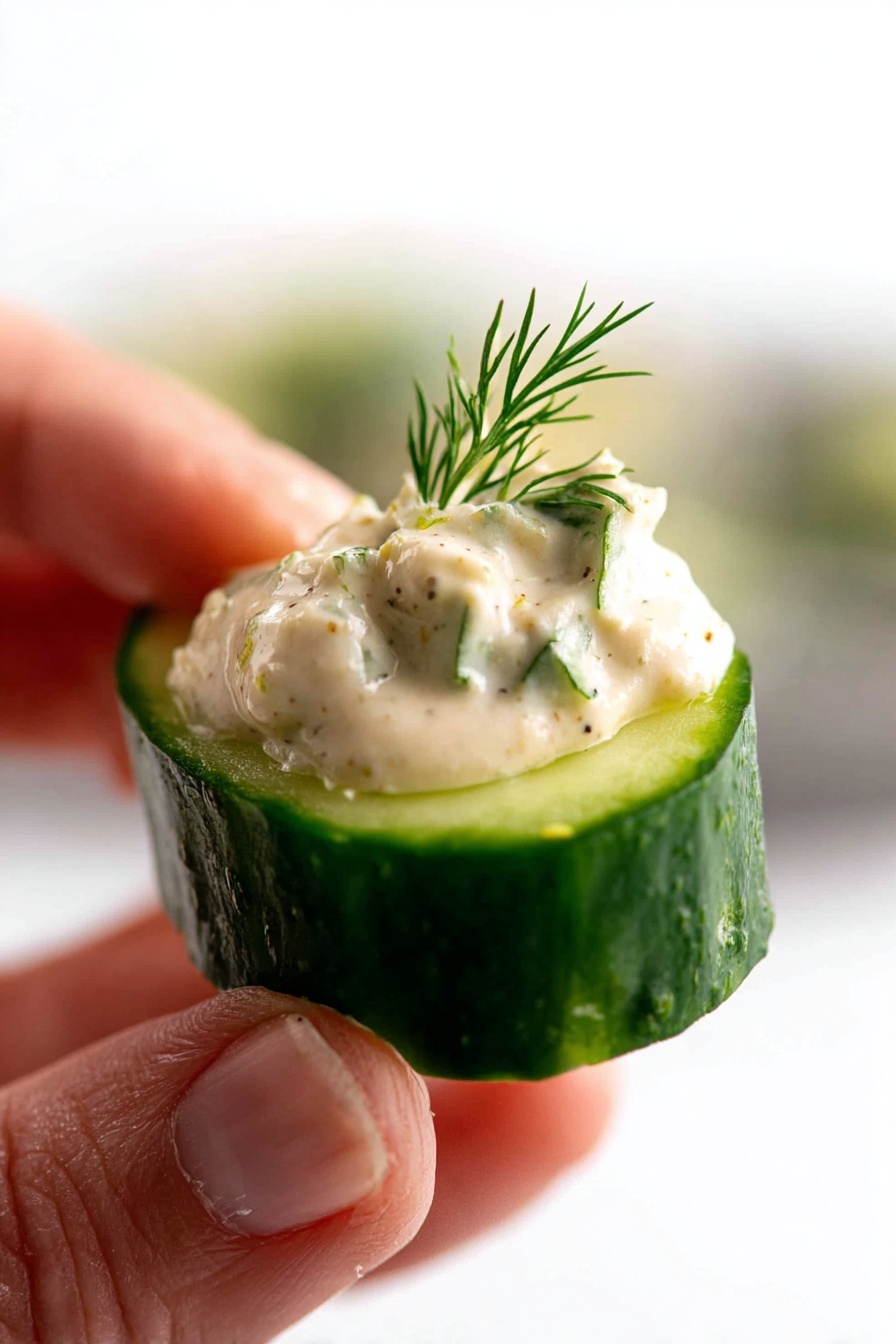 A close-up view shows a woman's hand holding a small thick cucumber slice. On top of the cucumber slice, there is a creamy off-white dip with small green herb pieces mixed in. A small sprig of fresh green dill sits on the dip, adding a touch of color and texture. The background is softly blurred with a white marbled texture, making the food the main focus. photo taken with an iphone --ar 2:3 --v 7 - Smoked Salmon Cucumber Canapés, smoked salmon appetizers, cucumber finger food, healthy party appetizers, quick seafood starters