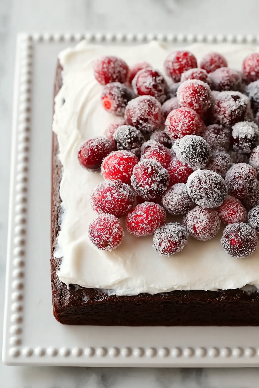 The image shows a square chocolate cake with a thick layer of smooth white cream spread evenly on top. On the cream, there is a pile of red cranberries covered in sparkling sugar crystals, giving them a frosted look. The cake sits on a white plate with a dotted border, placed on a white marbled surface. The overall look is neat, festive, and inviting, with a clear contrast between the dark brown cake, the white cream, and the vibrant red cranberries. photo taken with an iphone --ar 2:3 --v 7 - Chocolate Almond Olive Oil Cake, vegan chocolate cake, gluten-free almond dessert, dairy-free cake recipes, olive oil chocolate cake