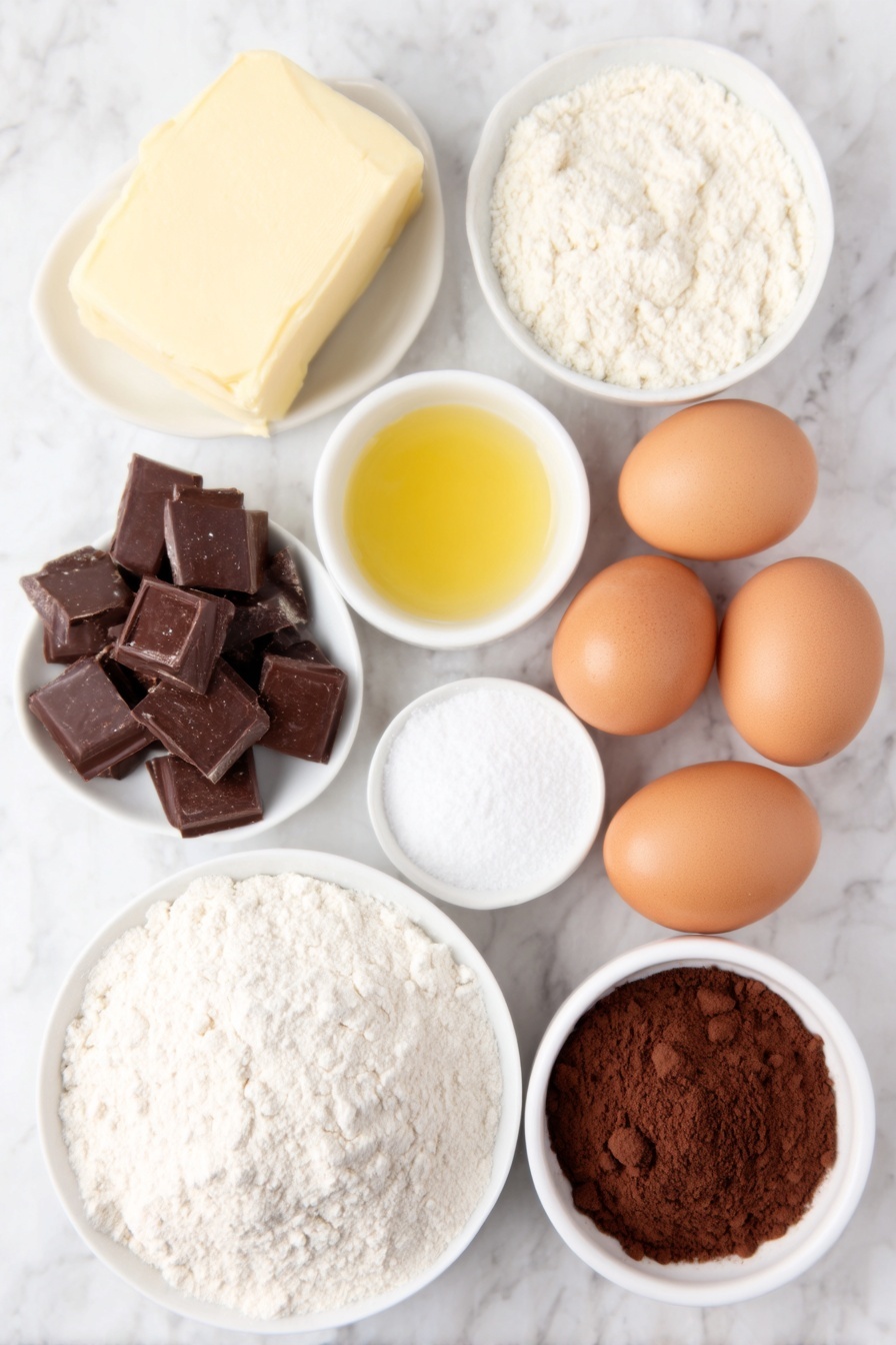 Flat lay of a small mound of white caster sugar, a neat pile of self-raising flour, a small heap of cocoa powder, a small white ceramic bowl of golden vegetable oil, a small white ceramic bowl of whole milk, three large whole brown eggs with clean shells, one whole bright orange with smooth skin, roughly chopped pieces of glossy dark chocolate orange, a small slab of pale yellow salted butter, a small white ceramic bowl filled with fine icing sugar, a tiny white ceramic bowl containing cocoa powder, a tiny white ceramic bowl of clear boiling water, seven round glossy red Smarties, seven small salted pretzels, fourteen tiny edible eyes, all arranged symmetrically on a simple white ceramic plate and bowls placed on a clean white marble surface, soft natural light, photo taken with an iPhone, professional food photography style, fresh ingredients, white ceramic bowls, no bottles, no duplicates, no utensils, no packaging --ar 2:3 --v 7 --p m7354615311229779997 - Chocolate Orange Reindeer Cake, festive holiday cake, easy Christmas dessert, holiday reindeer cake recipe, chocolate orange dessert