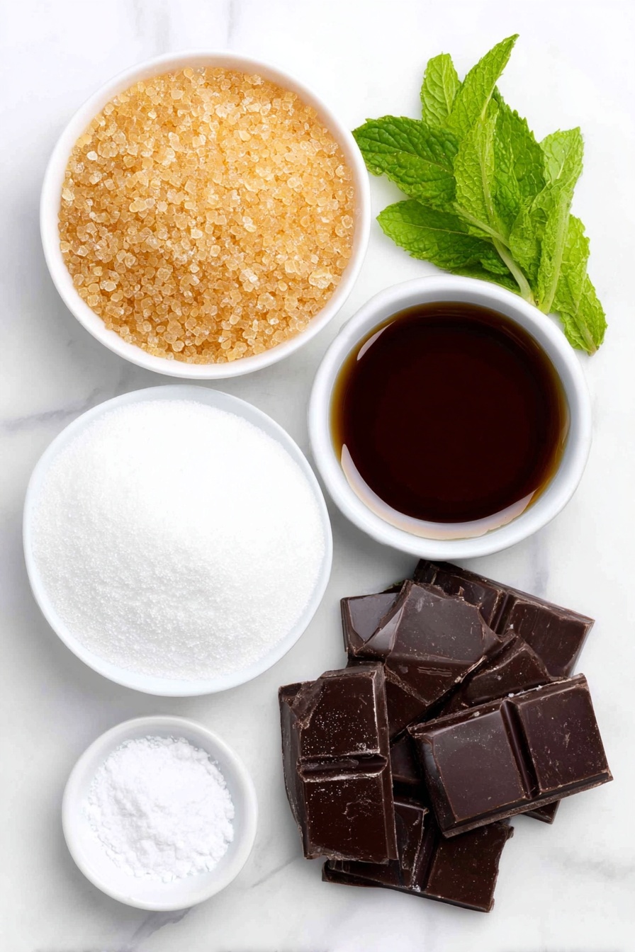 Flat lay of a small pile of golden gelatin granules, a neat mound of fine white granulated sugar, a small white ceramic bowl filled with glossy clear corn syrup, a tiny pinch of coarse salt crystals, a small white dish holding fresh green mint leaves, a heap of soft white powdered sugar, a handful of bright orange candy melts scattered neatly, and several pieces of rich dark chocolate chunks, all arranged in perfect symmetry on a clean white marble surface, soft natural light, photo taken with an iPhone, professional food photography style, fresh ingredients, white ceramic bowls, no bottles, no duplicates, no utensils, no packaging --ar 2:3 --v 7 --p m7354615311229779997 - Mint Snowman Marshmallows, festive marshmallow treats, holiday marshmallow ideas, minty winter snacks, cute snowman marshmallows