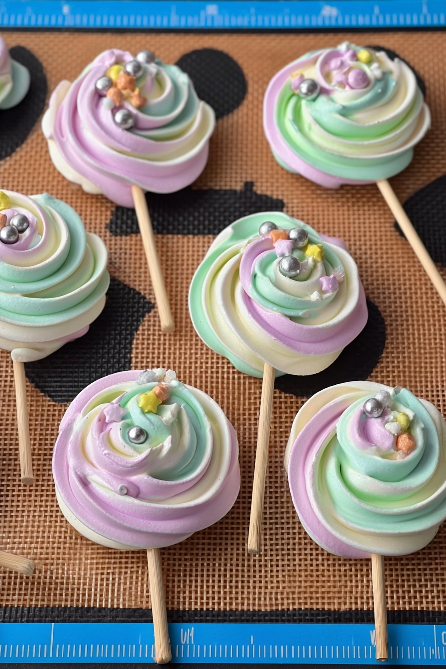 The image shows several swirled lollipop-shaped meringue cookies on a brown silicone baking mat with black circles and a blue ruler at the top. Each meringue has three layers of swirled colors: light green, light purple, and white, creating a soft pastel swirl pattern. The meringues are topped with small decorations like silver balls and tiny star-shaped sprinkles in yellow, white, purple, and orange. Thin wooden sticks are inserted into the side of each meringue, making them look like lollipops. The mat has a textured pattern and the whole setup is placed on a black perforated tray. photo taken with an iphone --ar 2:3 --v 7 - Colorful Meringue Lollipops, vibrant meringue lollipops, homemade meringue pops, easy meringue candy, party treat ideas