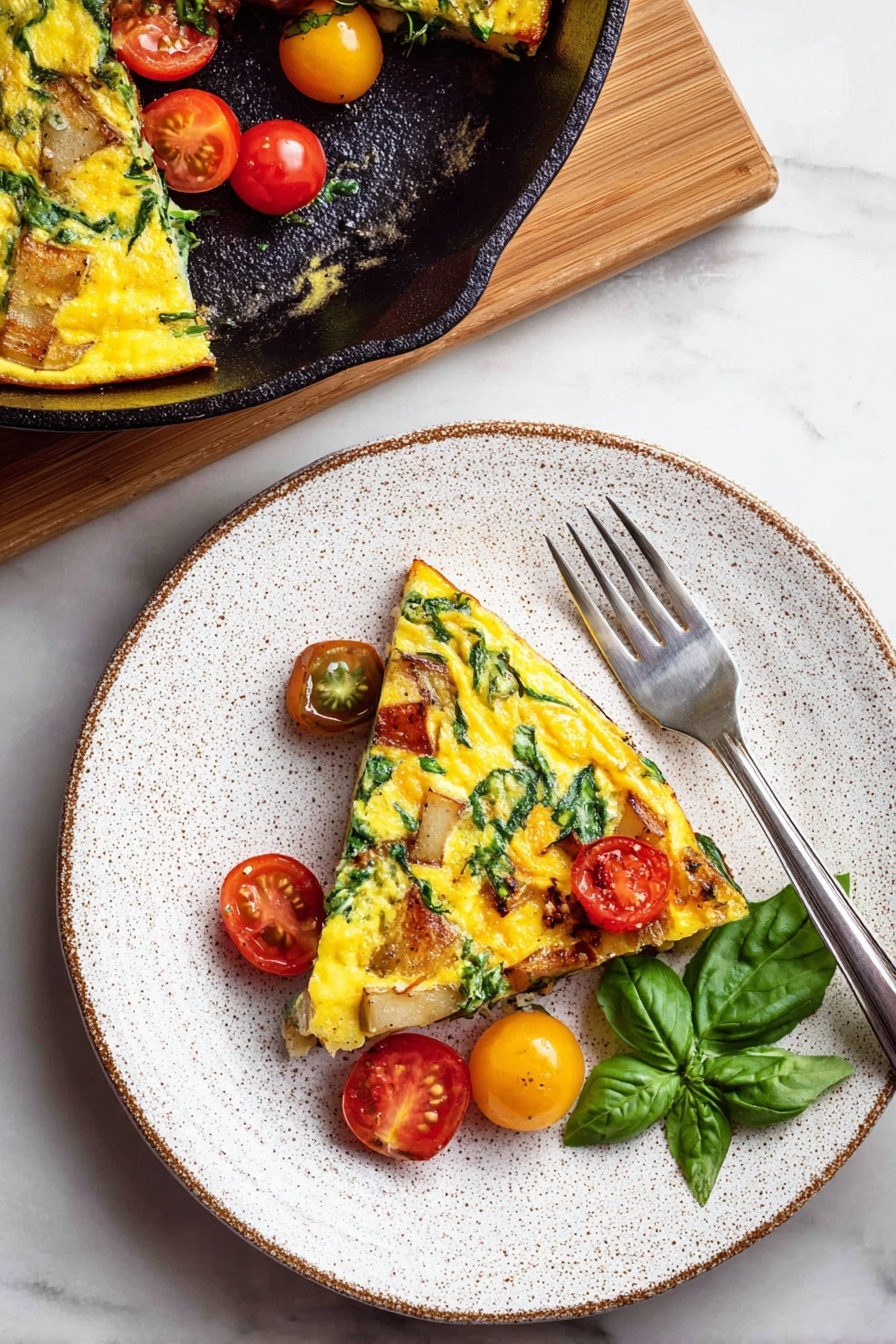 A white speckled plate holds a single triangular slice of a yellow frittata rich with green herbs and golden-brown potato cubes. On top of the slice and around it are bright red and yellow cherry tomato halves with glistening skins and a small bunch of fresh green basil leaves. A silver fork rests on the right side of the plate. Above the plate, a black cast iron skillet shows a larger portion of the same frittata and potatoes. The scene is set on a white marbled surface photo taken with an iphone --ar 2:3 --v 7 - Potato and Egg Frittata with Cherry Tomatoes, easy potato egg frittata, breakfast frittata recipe, healthy egg and potato dish, one-pan veggie breakfast