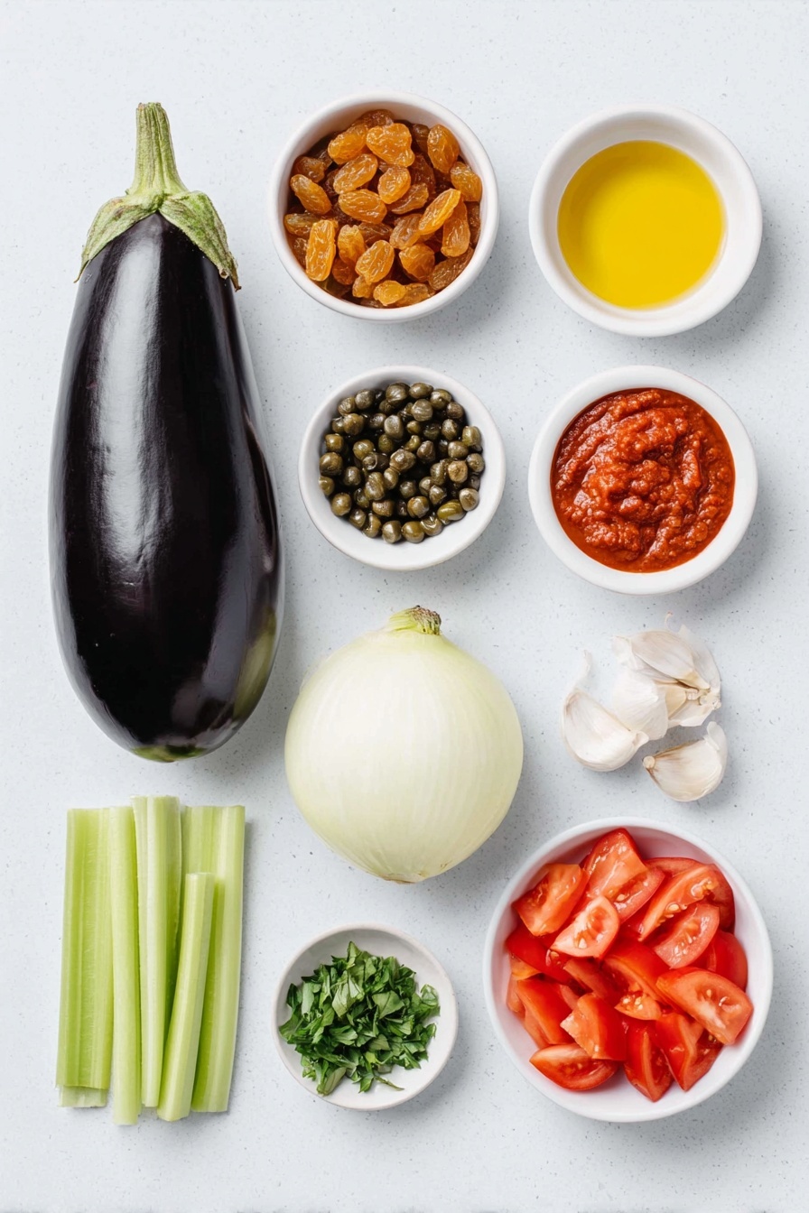 Flat lay of one whole fresh eggplant with glossy deep purple skin, a small white ceramic bowl of golden raisins, a small white ceramic bowl of dark green capers, a small white ceramic bowl with deep red sherry vinegar, a small white ceramic bowl of golden extra-virgin olive oil, half a medium yellow onion with bright layers visible, a single crisp celery stalk diced into small pieces, one vibrant red bell pepper diced, a few grains of coarse sea salt sprinkled nearby, a small white ceramic bowl with thick smooth tomato paste, three whole garlic cloves with papery skins intact, four medium ripe tomatoes diced with bright red flesh and seeds, a small white ceramic bowl of light golden cane sugar, a small pile of freshly chopped bright green parsley, a few fresh basil leaves with rich green color as garnish, several twists of freshly ground black pepper placed artistically, and a stack of toasted crostini slices with golden crusts all arranged with perfect symmetry on a clean white marble surface, soft natural light, photo taken with an iPhone, professional food photography style, fresh ingredients, white ceramic bowls, no bottles, no duplicates, no utensils, no packaging --ar 2:3 --v 7 --p m7354615311229779997 - Eggplant Caponata with Basil, Mediterranean Eggplant Appetizer, Easy Eggplant Dip, Vegan Eggplant Side Dish, Healthy Eggplant Recipes
