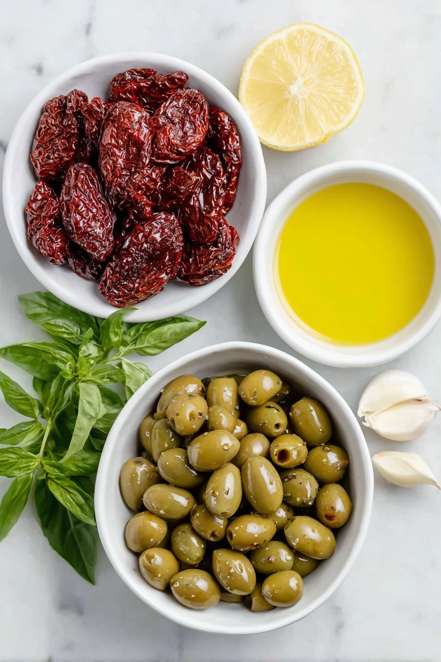 Flat lay of a small pile of mixed kalamata and green olives, four plump oil-packed sun-dried tomatoes, a small white bowl of golden extra-virgin olive oil, a small white bowl filled with briny capers, a small white bowl holding fresh bright lemon juice, a single whole garlic clove with smooth papery skin, and a small bunch of fresh green basil leaves arranged neatly, all placed on a clean white marble surface, soft natural light, photo taken with an iPhone, professional food photography style, fresh ingredients, white ceramic bowls, no bottles, no duplicates, no utensils, no packaging --ar 2:3 --v 7 --p m7354615311229779997 - Olive Tapenade, Mediterranean spread, quick appetizer, flavorful olive spread, homemade tapenade