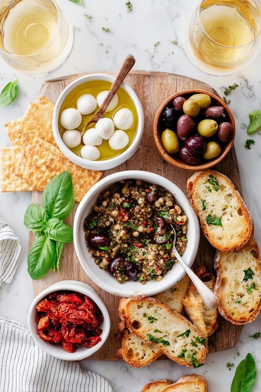 The image shows a wooden board topped with an assortment of appetizers placed on a white marbled surface. On the board, there is a white bowl filled with a chunky herb and olive tapenade that includes chopped green and black olives, herbs, and sun-dried tomatoes, with a small wooden spoon resting inside. Surrounding the bowl are thin rectangular crackers, and a few bright green basil leaves are scattered near them. A small white bowl holds marinated mozzarella balls in olive oil with herbs, and another small white bowl contains red sun-dried tomatoes. There is also a small wooden bowl filled with a mix of green and black olives. Toasted slices of bread with a golden crust and sprinkled parsley are arranged on the board, a silver spoon resting inside the mozzarella bowl. To the side, a woman's hand is barely visible near a white and gray striped cloth. Two glasses with pale yellow liquid sit nearby, completing the fresh and inviting presentation. Photo taken with an iphone --ar 2:3 --v 7 - Olive Tapenade, Mediterranean spread, quick appetizer, flavorful olive spread, homemade tapenade