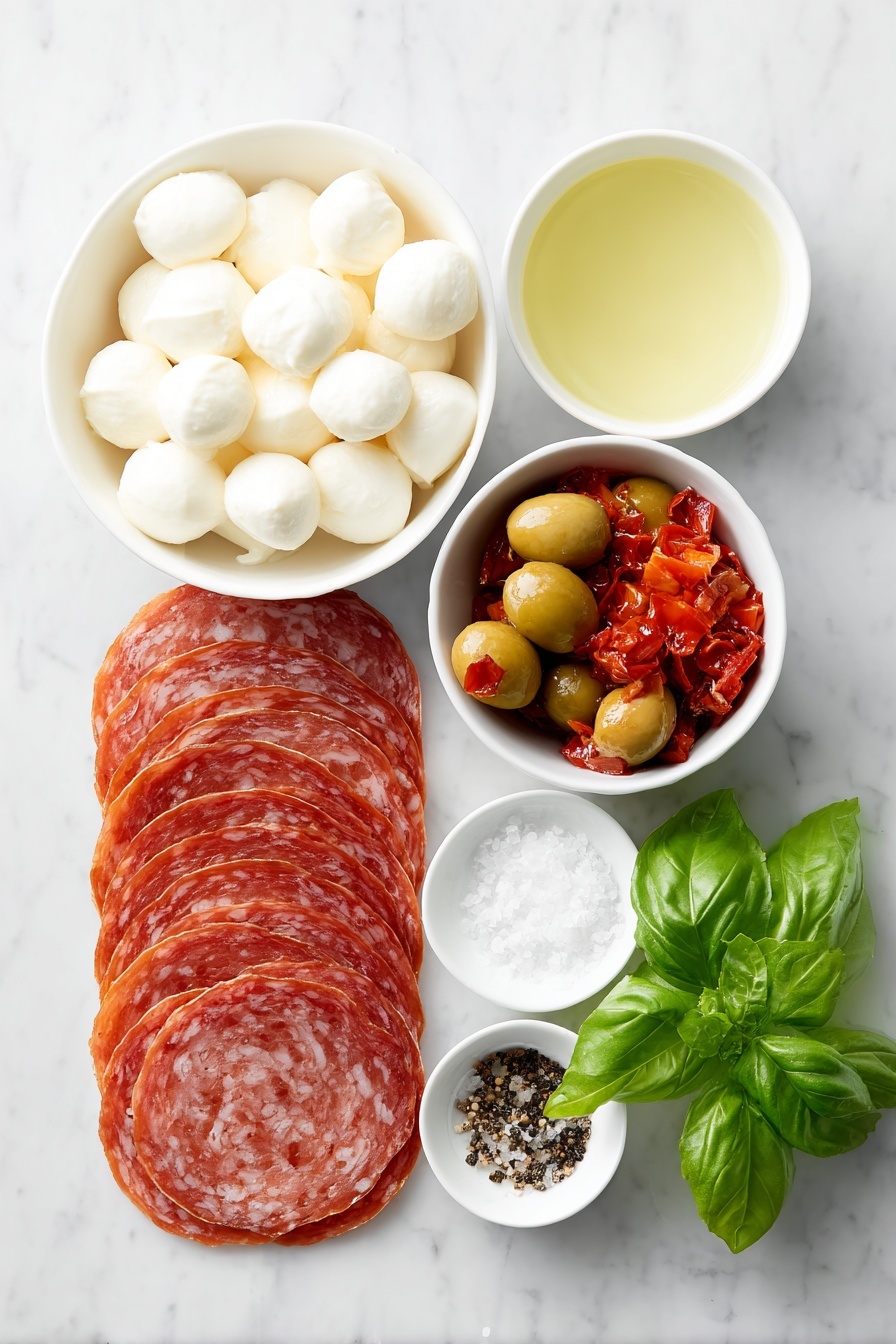 Flat lay of a few thin slices of 4-inch Genoa salami arranged flat, a small white ceramic bowl of chopped marinated artichoke hearts, a small white ceramic bowl of sliced stuffed pimento olives, a small white ceramic bowl of chopped roasted red bell peppers, a small white ceramic bowl with quartered mini fresh mozzarella balls, a small bunch of fresh basil leaves with a few chopped pieces scattered beside it, a small white ceramic bowl containing champagne vinegar, small piles of coarse salt and freshly ground black pepper placed neatly nearby, all ingredients fresh and natural, perfectly balanced and symmetrical, placed on a clean white marble surface, soft natural light, photo taken with an iPhone, professional food photography style, fresh ingredients, white ceramic bowls, no bottles, no duplicates, no utensils, no packaging --ar 2:3 --v 7 --p m7354615311229779997 - Salami Antipasto Bites, antipasto appetizer, savory finger foods, easy party snacks, salty savory appetizers