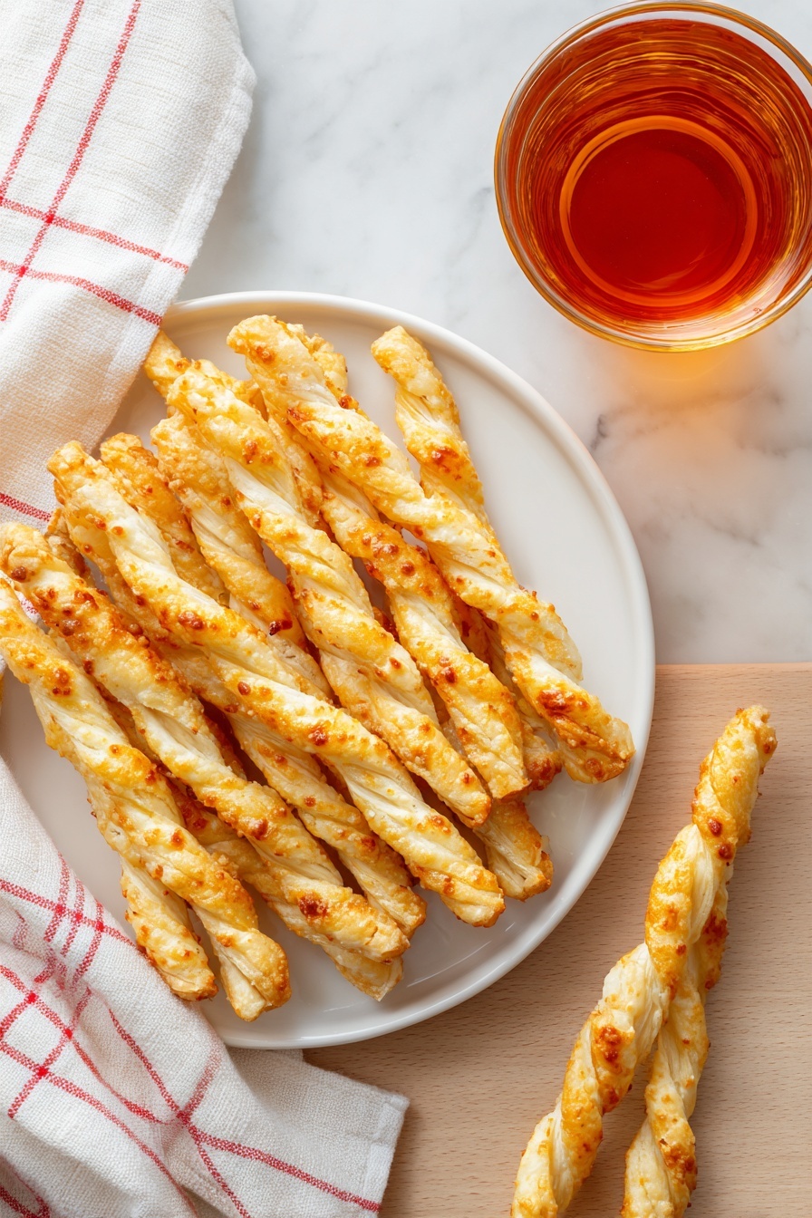 The image shows a white round plate filled with several twisted yellow fried snacks that have a crunchy texture and slight browning spots. Two twisted pieces lie outside the plate on a light wooden surface, which is described as a white marbled texture. On the left side, there is a white cloth with a red checkered pattern partially folded. On the top right, there is a glass filled with an orange-brown liquid, possibly tea. The overall setting is bright and simple. photo taken with an iphone --ar 2:3 --v 7 - Cheese Strawssimple cheesy snack crispy cheesy snacks buttery cheese sticks