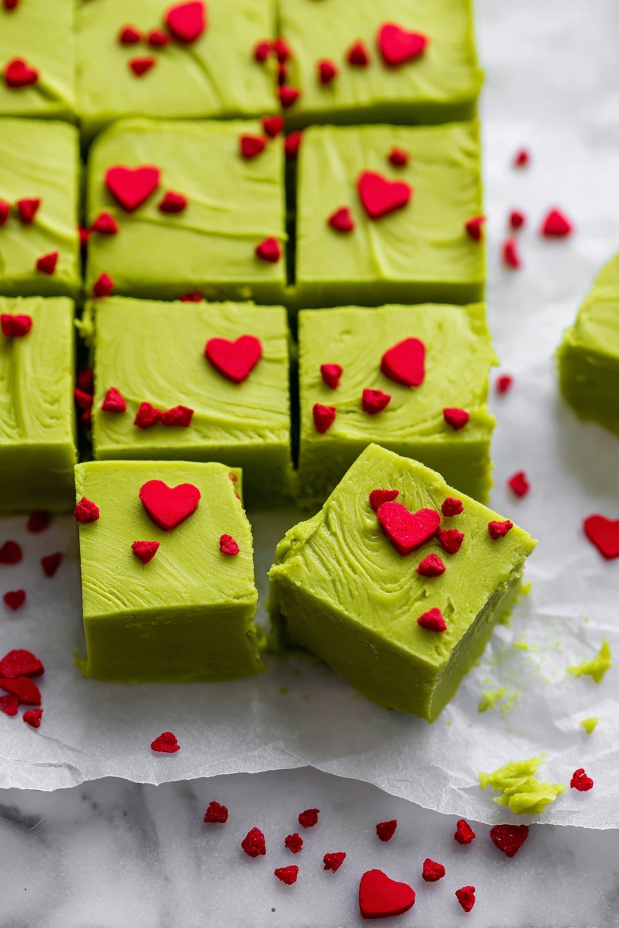 A block of bright green fudge cut into pieces is shown on a sheet of white parchment. The fudge is smooth with slight swirls in its texture and has a single thick layer. Scattered on top and around the fudge are small red heart-shaped sprinkles, along with some bigger red hearts placed on individual fudge squares. One of the fudge pieces on the bottom right corner has a small bite taken out of it. The background surface is a white marbled texture. photo taken with an iphone --ar 2:3 --v 7 - Grinch Fudge, White Chocolate Grinch Fudge, Green Christmas Fudge, Holiday Treats, Festive Fudge Recipe