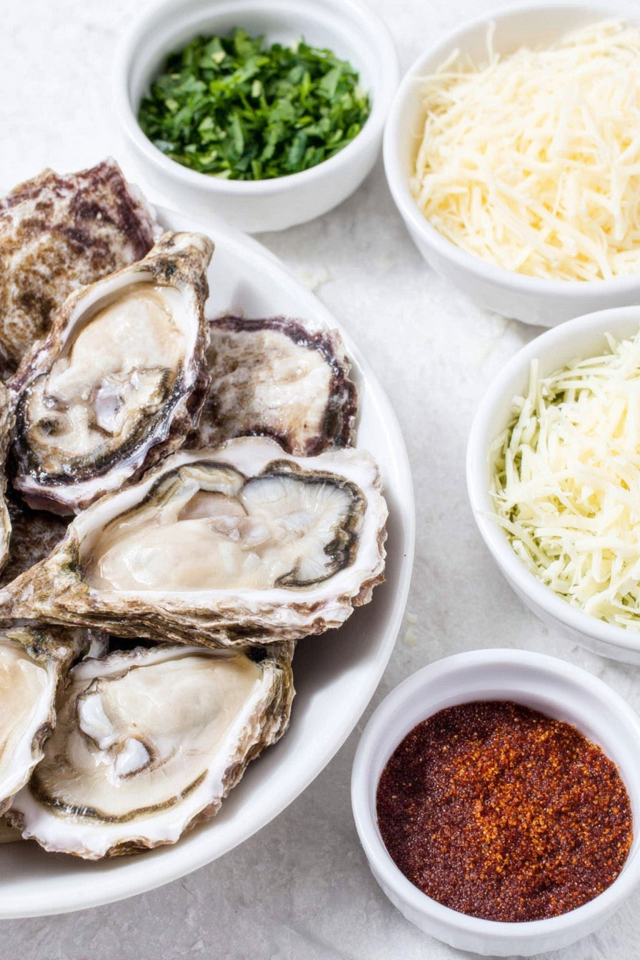 Flat lay of fresh opened oysters on half shells with glistening briny flesh, small white ceramic bowls of finely shredded Parmesan cheese and sharp cheddar cheese, a small white bowl filled with vibrant red-orange creole seasoning, a few bright green sprigs of freshly chopped parsley arranged loosely, all ingredients looking fresh and natural, placed on a clean white marble surface, soft natural light, photo taken with an iPhone, professional food photography style, fresh ingredients, white ceramic bowls, no bottles, no duplicates, no utensils, no packaging --ar 2:3 --v 7 --p m7354615311229779997 - Baked Oysters with Cheesy Creole Seasoning, oyster appetizer recipes, cheesy seafood dishes, Creole seasoned oysters, elegant seafood appetizers