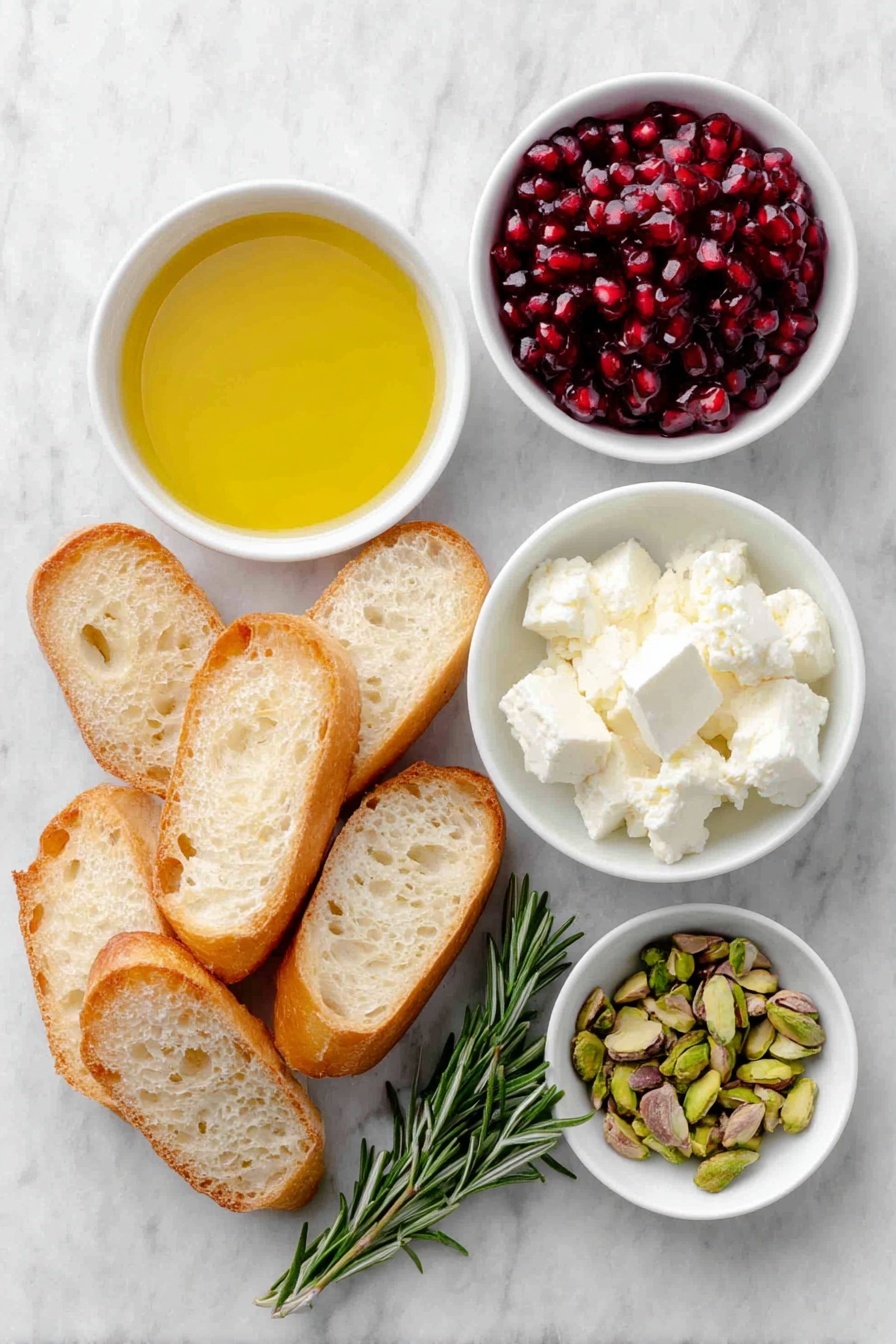 Flat lay of a few crisp, golden toasted French baguette slices, a small white ceramic bowl filled with rich golden olive oil, a small mound of creamy honey-flavored goat cheese, a simple white bowl overflowing with vibrant red pomegranate arils, a small white bowl holding chopped green pistachios, and a few fresh sprigs of rosemary arranged neatly, all placed on a clean white marble surface, soft natural light, photo taken with an iPhone, professional food photography style, fresh ingredients, white ceramic bowls, no bottles, no duplicates, no utensils, no packaging --ar 2:3 --v 7 --p m7354615311229779997 - Pistachio Pomegranate Crostini Appetizer, holiday appetizer ideas, easy party appetizers, festive crostini recipes, gourmet snack recipes