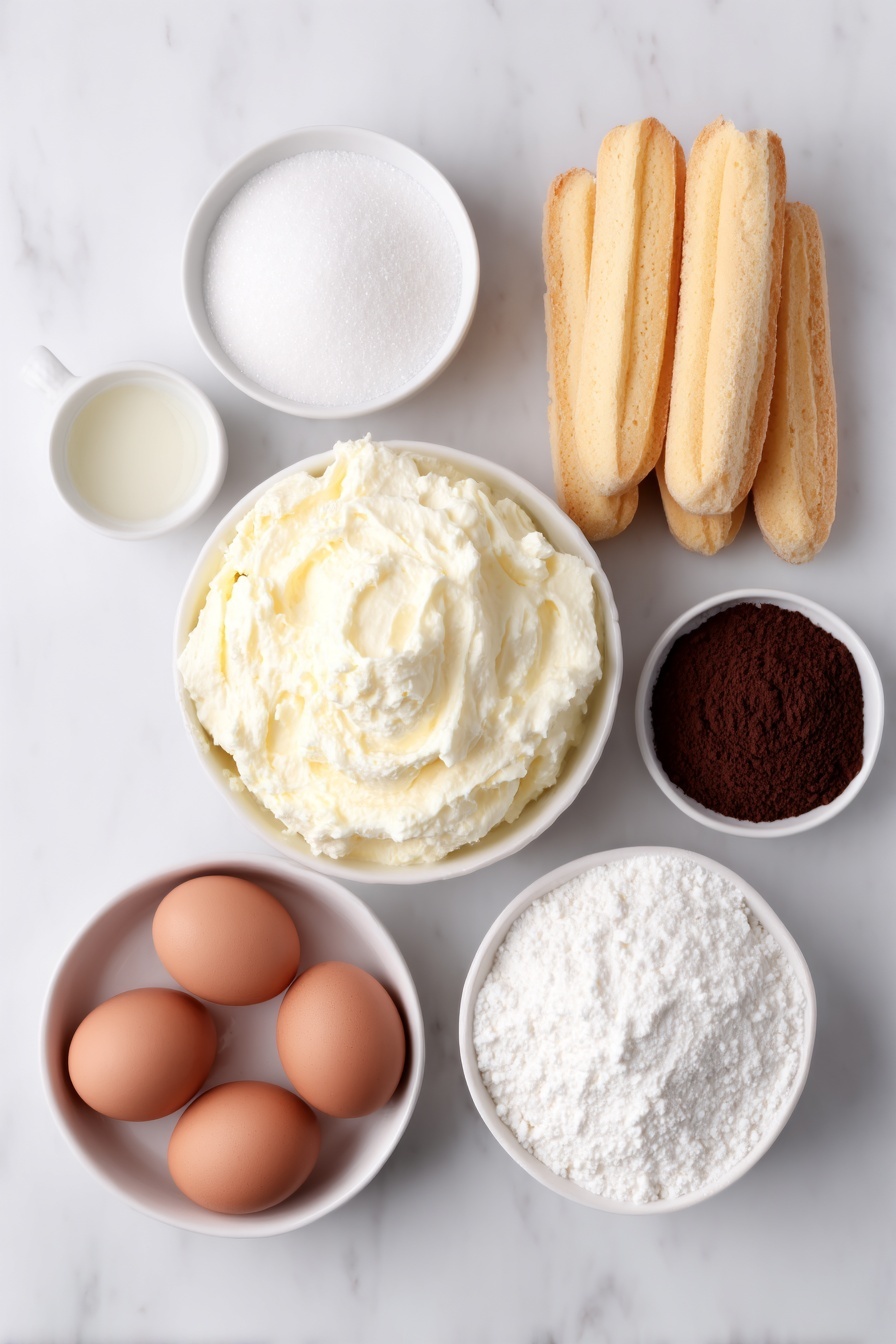 Flat lay of a smooth mound of fresh mascarpone cheese, four whole uncracked brown eggs, a small white bowl filled with fine granulated sugar, a tiny white bowl with clear vanilla extract, a pinch of natural sea salt crystals in a white bowl, a small white bowl holding thick heavy cream, several crisp golden ladyfingers neatly arranged, a small white bowl of strong black coffee, and a small white bowl of rich cocoa powder, all placed on a clean white marble surface, soft natural light, photo taken with an iPhone, professional food photography style, fresh ingredients, white ceramic bowls, no bottles, no duplicates, no utensils, no packaging --ar 2:3 --v 7 --p m7354615311229779997 - Italian Tiramisu, classic tiramisu recipe, homemade tiramisu, coffee dessert, authentic Italian dessert
