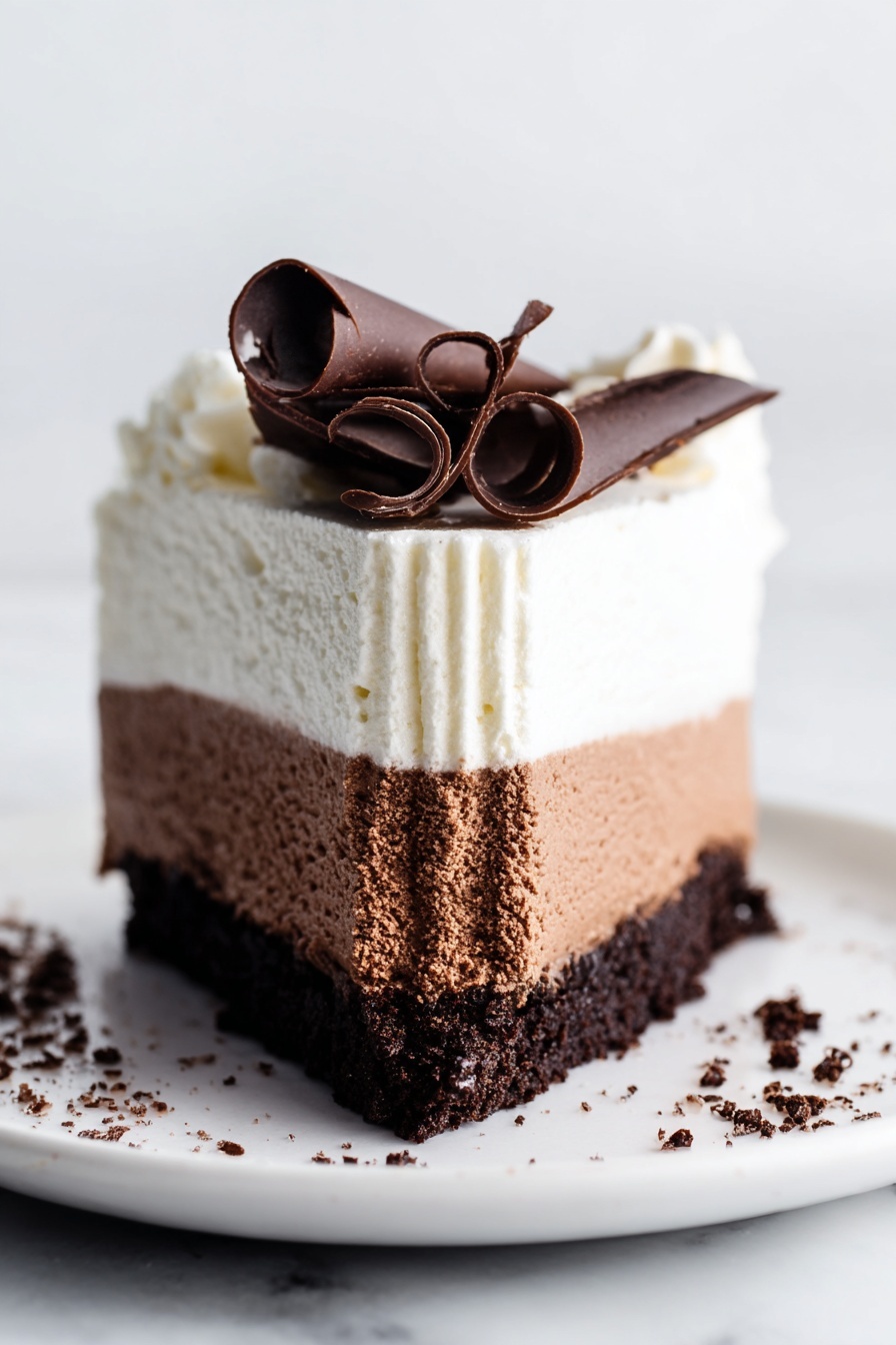 A slice of three-layered mousse cake sits on a white plate with a few dark crumbs around it. The bottom layer is a dark, crumbly chocolate base. The middle layer is thick milk chocolate mousse with a light, airy texture and a few small holes. The top layer is smooth white cream, slightly fluffy with a few vertical ridges on the side. On top, there is a dark chocolate curl decoration, made of thin rolled chocolate pieces. The scene is set on a white marbled surface with bright, soft light highlighting the textures. Photo taken with an iphone --ar 2:3 --v 7 - French Silk Pie with Oreo Crust and Chocolate Filling, chocolate silk pie, Oreo crust pie, decadent chocolate dessert, easy chocolate pie recipe