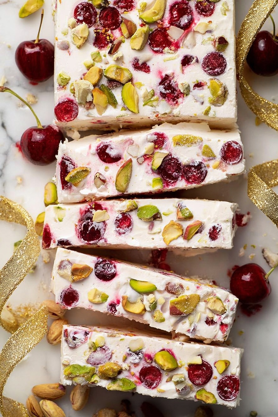 The image shows five long, rectangular slices of a white, creamy dessert laid side by side on a white marbled surface. Each slice is filled with whole red cherries and green pistachio pieces spread evenly throughout. The texture appears smooth and dense, with the white layer acting as a base holding the fruit and nut pieces. Around the slices, there are loose pieces of pistachios and a delicate golden ribbon adding a festive touch. The overall look is bright with a mix of white, red, and green colors. Photo taken with an iphone --ar 2:3 --v 7 - White Chocolate Rocky Road Christmas Treat, festive holiday sweets, no-bake Christmas treats, holiday dessert ideas, seasonal chocolate dessert