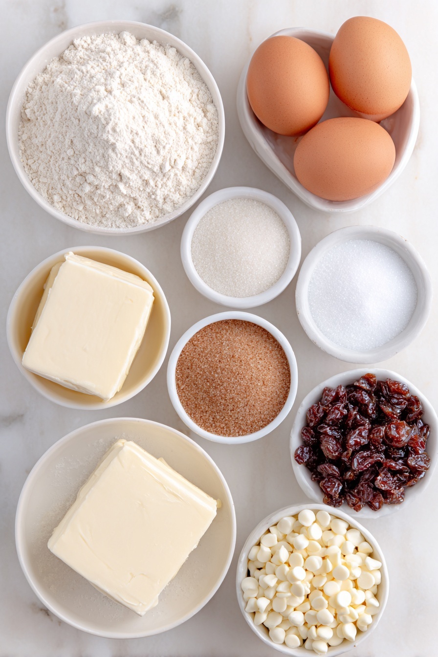 Flat lay of a small mound of plain white flour, a heap of fine white baking soda powder, a tiny pile of pale baking powder, a small pinch of coarse salt crystals, a square of soft creamy butter, a small white bowl filled with granulated white sugar, a small white bowl filled with packed light brown sugar, two large whole eggs with clean shells, a small white bowl holding clear vanilla extract, a small white bowl brimming with glossy white chocolate chips, and a small white bowl filled with plump dried cranberries, all arranged in perfect symmetry on a clean white marble surface, soft natural light, photo taken with an iPhone, professional food photography style, fresh ingredients, white ceramic bowls, no bottles, no duplicates, no utensils, no packaging --ar 2:3 --v 7 --p m7354615311229779997 - White Chocolate Cranberry Cookies, festive holiday cookies, easy cookie recipes, no-bake cookies, cranberry white chocolate cookies