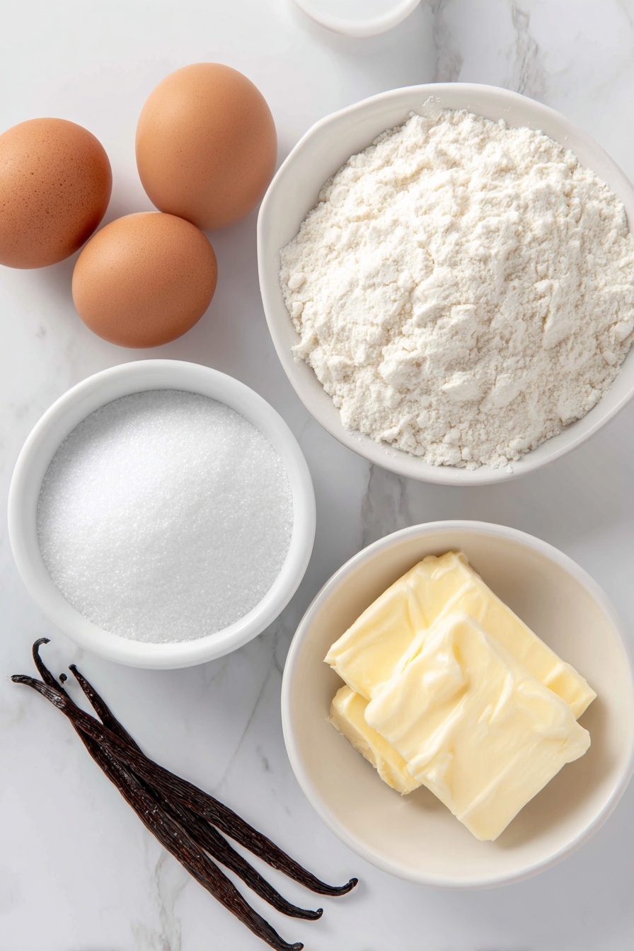 Flat lay of three whole uncracked brown eggs, a small pile of granulated white sugar, a small mound of all purpose flour, a few grains of coarse kosher salt scattered gently, two teaspoons of fine white baking powder in a neat pile, a few vanilla beans next to a small white bowl containing pale yellow melted unsalted butter, and a small white bowl with clear anise extract liquid, all arranged symmetrically on a simple white ceramic surface, placed on a clean white marble surface, soft natural light, photo taken with an iPhone, professional food photography style, fresh ingredients, white ceramic bowls, no bottles, no duplicates, no utensils, no packaging --ar 2:3 --v 7 --p m7354615311229779997 - Classic Italian Pizzelle Cookie, authentic Italian pizzelle, homemade pizzelle cookies, Italian holiday cookies, crisp waffle cookies