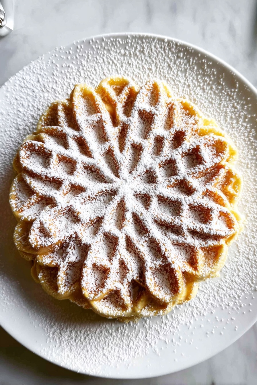 A round waffle with eight clear, deep petals arranged in a floral pattern covers the top surface, with textured edges around the circle. The waffle is light golden brown with slightly darker highlights in the deeper sections of the pattern. It is sprinkled generously with white powdered sugar that lightly dusts the waffle and the white plate beneath it, sitting on a white marbled surface. Photo taken with an iphone --ar 2:3 --v 7 - Classic Italian Pizzelle Cookie, authentic Italian pizzelle, homemade pizzelle cookies, Italian holiday cookies, crisp waffle cookies