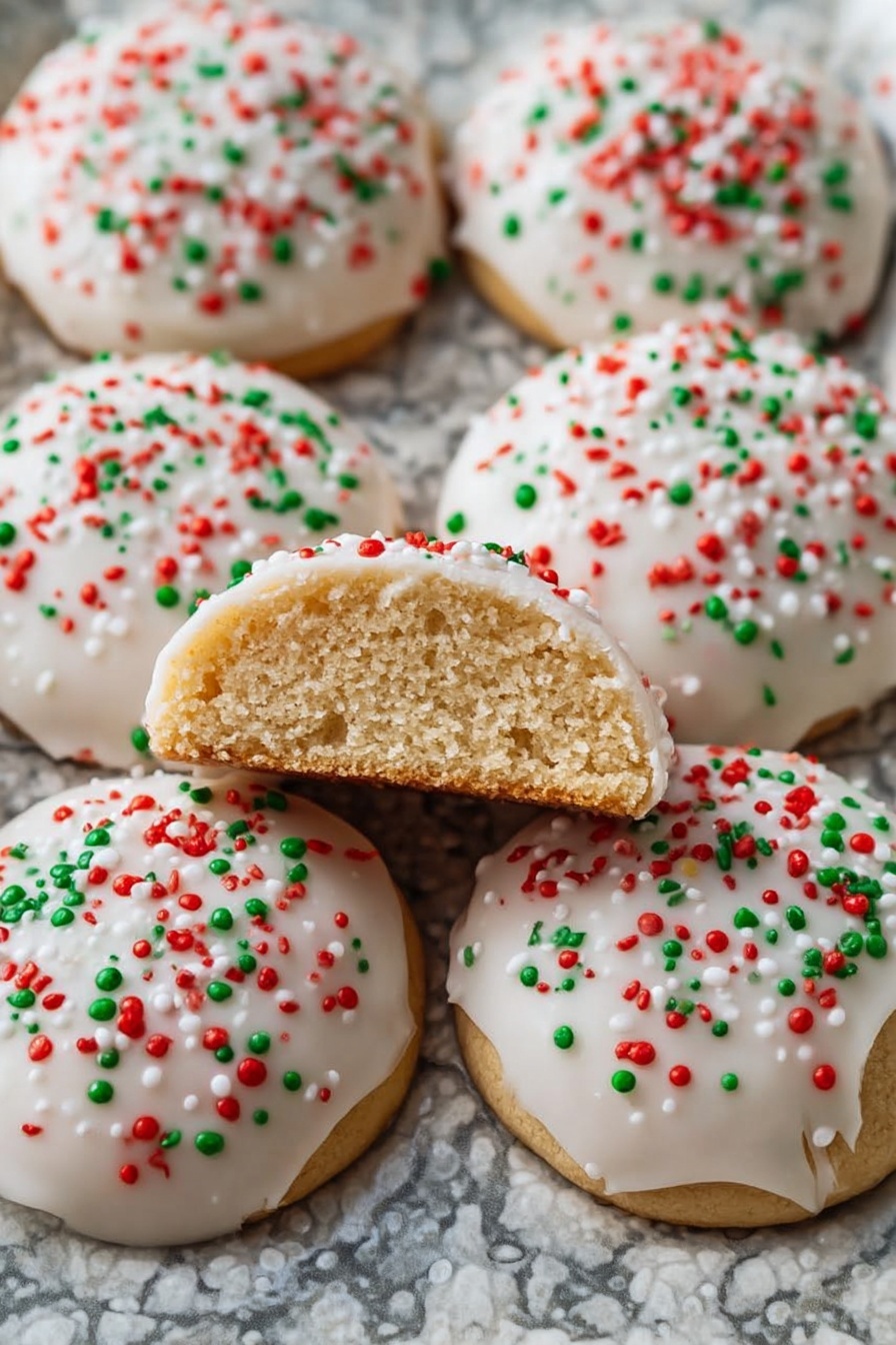 The image shows a close-up of six round cookies on a white marbled textured background, arranged in a shallow tray with a grayish patterned surface. Each cookie has two layers: a soft, light tan bottom layer and a thick white icing layer on top. The icing layer is smooth and slightly drips down the sides of the cookies, sprinkled evenly with small red, green, and orange round sprinkles. One cookie is shown in the front, cut in half horizontally to reveal the soft inside texture of the bottom layer beneath the icing. The angle gives a clear view of the cookie layers, colors, and the festive sprinkles creating a colorful contrast against the white icing. photo taken with an iphone --ar 2:3 --v 7 - Italian Ricotta Cookies, Ricotta Cookies Recipe, Italian Cookies, Soft Italian Cookies, Cake-like Ricotta Cookies
