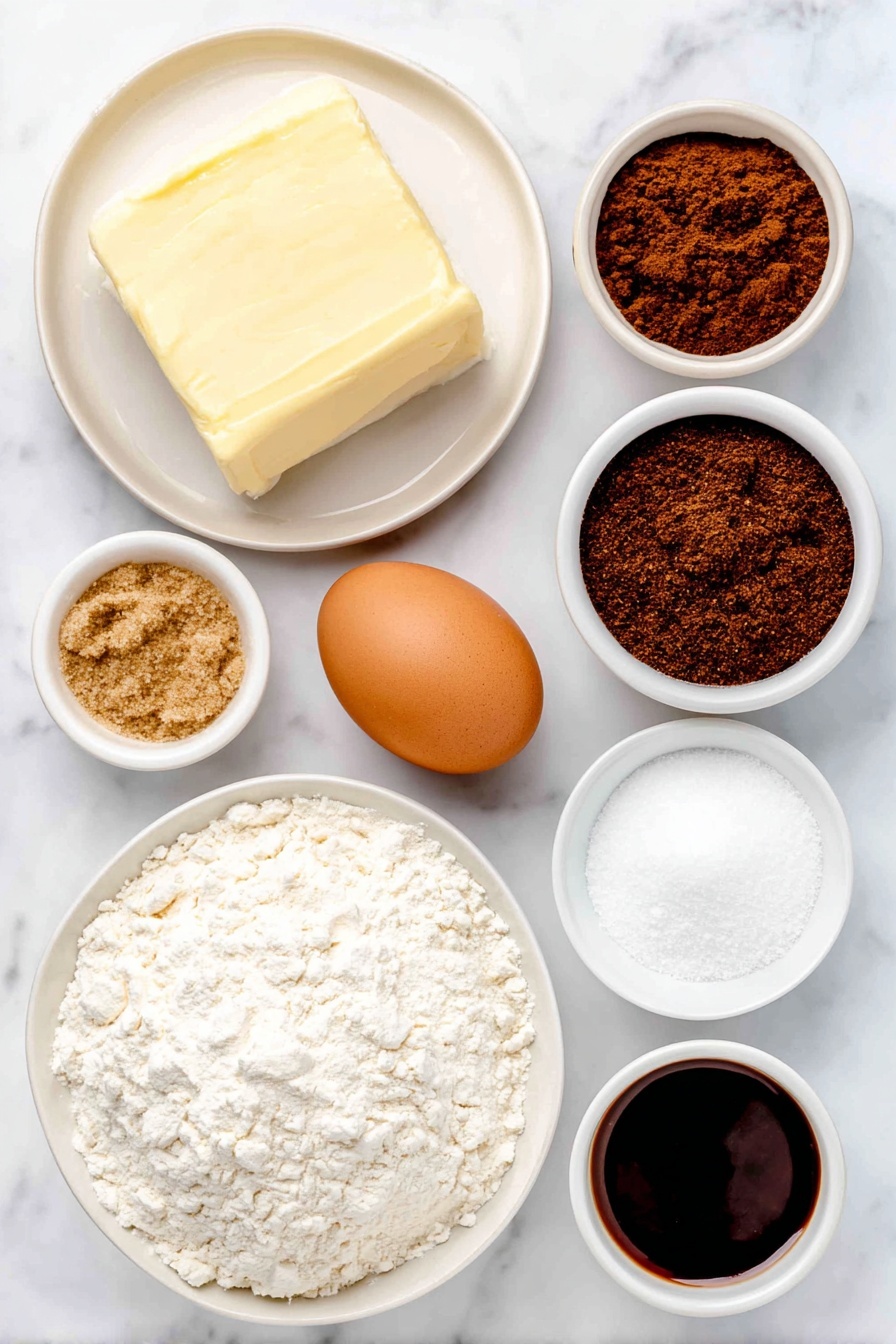 Flat lay of a small mound of all-purpose flour on a simple white ceramic plate, a small white bowl filled with ground cinnamon, a separate small white bowl holding ground allspice, another small white bowl containing freshly ground nutmeg, a small white bowl with freshly ground black pepper, a small white bowl with ground cloves, a tiny pile of baking soda on the white plate beside the flour, a pinch of salt arranged neatly on the plate, a thick slab of unsalted butter with a smooth surface on a white ceramic dish, a small heap of light brown sugar on a small white bowl, a small white bowl filled with dark unsulfured molasses, one large whole brown egg with a clean shell placed centrally, a small white bowl containing anise extract liquid, and a small white bowl of fine white confectioners' sugar—all items arranged in perfect symmetry, realistic proportions, fresh and natural, placed on a clean white marble surface, soft natural light, photo taken with an iPhone, professional food photography style, fresh ingredients, white ceramic bowls, no bottles, no duplicates, no utensils, no packaging --ar 2:3 --v 7 --p m7354615311229779997 - Pfeffernüsse Spice Cookies, German spice cookies, holiday spice cookies, chewy gingerbread cookies, festive cookie recipes