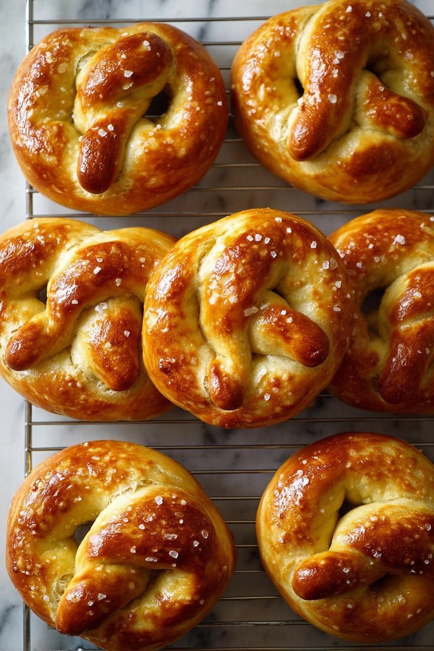 The image shows a close-up of eight shiny golden brown soft pretzels arranged in two rows on a cooling rack. Each pretzel has a smooth, glossy surface with a slightly crispy texture and light sprinkles of coarse salt. The dough is twisted into the classic pretzel shape with plump, rounded loops and a thick central knot, displaying a rich golden color from baking. The background is a white marbled texture. photo taken with an iphone --ar 2:3 --v 7 - Homemade Soft Pretzels, soft pretzels from scratch, easy pretzel recipe, buttery soft pretzels, beginner pretzels