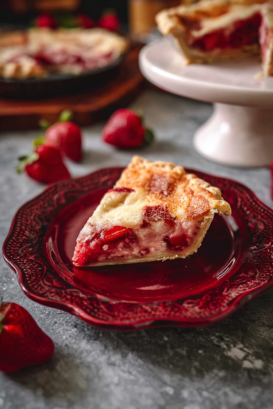 A single slice of strawberry pie is shown on a detailed, dark red plate with ornate patterns around the edges. The pie has three visible layers: a light golden brown crust on top with uneven browning, a middle layer of pinkish, soft cooked strawberries mixed with jam-like bright red filling, and a bottom crust that is light tan and slightly thicker. The pie slice has a rustic, homemade look with the fruit filling slightly oozing near the crust edges. In the background, there are whole strawberries scattered on a white marbled surface, a tart pan with another part of the pie on the left, and a white cake stand with another slice of pie on the right. The scene is softly lit and cozy. photo taken with an iphone --ar 2:3 --v 7 - Strawberry Custard Kuchen, Strawberry Custard Kuchen recipe, easy strawberry dessert, fruity baked cake, best strawberry custard dessert