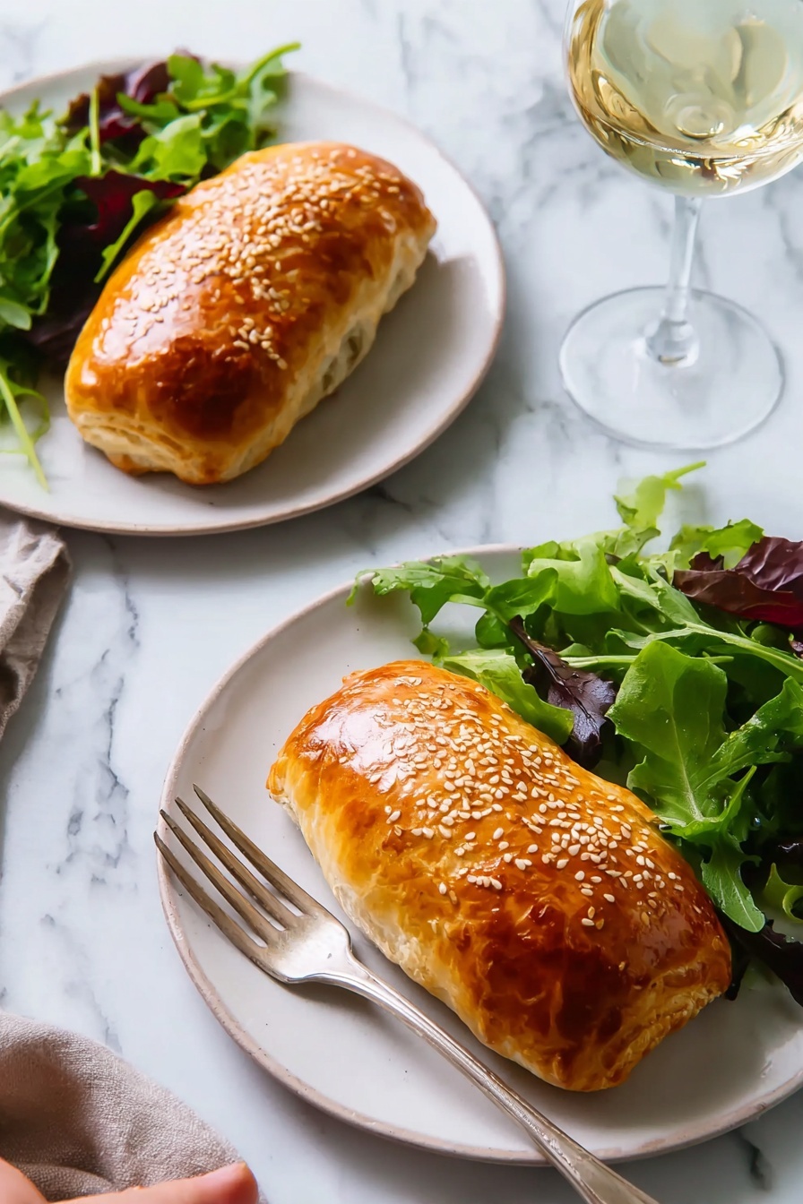 Two golden brown pastries with a shiny, flaky crust sprinkled with sesame seeds sit on white plates. Each pastry is shaped like a small loaf and positioned on the left side of the plates. On the right side of each plate is a fresh green salad made of mixed leafy greens, adding vibrant color and texture. The plates rest on a white marbled surface, and in the background, there is a glass of light-colored wine, adding a touch of elegance. A woman's hand holds a fork beside one plate, ready to eat, photo taken with an iphone --ar 2:3 --v 7 - Salmon Wellington with Horseradish Cream, elegant salmon dinner, homemade salmon Wellington, easy salmon Wellington recipe, flaky salmon pastry