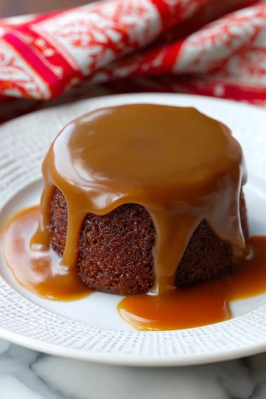 A small round dark brown cake sits in the center of a white plate with a textured rim. It is fully covered with a thick, smooth caramel sauce that drips down the cake sides and pools around the base in shiny golden amber puddles. The surface of the sauce on top is glossy and slightly uneven. The plate rests on a white marbled surface with a red and white patterned cloth partially visible in the background. The photo taken with an iphone --ar 2:3 --v 7 - Sticky Toffee Date Pudding, Toffee Sauce, moist date dessert, comforting warm dessert, easy British pudding
