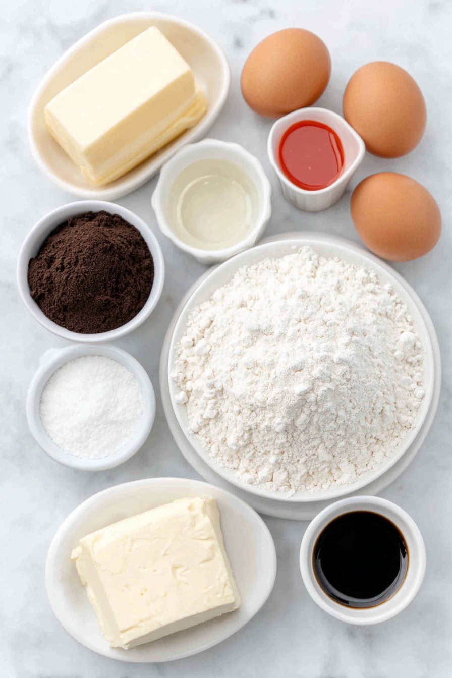 Flat lay of a small block of unsalted butter, a heap of caster sugar mounded in a white ceramic bowl, three medium whole brown eggs with clean shells, a small white bowl filled with dark cocoa powder, a small white bowl with bright red liquid food coloring, a small white bowl of clear vanilla extract, a small white bowl of creamy buttermilk, a mound of plain white flour on a simple white ceramic plate, a small pile of fine bicarbonate of soda powder, a small white bowl of white wine vinegar, a small block of unsalted butter at room temperature, a small white bowl heaped with icing sugar, a smooth block of full fat cream cheese, another small white bowl of vanilla extract, all ingredients arranged in perfect symmetry and realistic proportions on a clean white marble surface, soft natural light, photo taken with an iPhone, professional food photography style, fresh ingredients, white ceramic bowls, no bottles, no duplicates, no utensils, no packaging --ar 2:3 --v 7 --p m7354615311229779997 - Red Velvet Cake with Cream Cheese Frosting, best red velvet cake recipe, homemade red velvet cake, easy red velvet cake, creamy cream cheese frosting