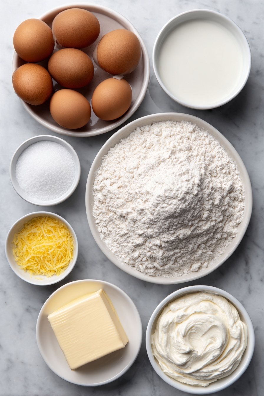 Flat lay of a small mound of all-purpose flour on a simple white ceramic plate, a small white bowl of granulated sugar, a small white bowl containing baking powder, a tiny pinch of baking soda displayed on a clean surface, a small white bowl of salt, a small white bowl filled with milk, a small white bowl of creamy ricotta cheese, three large uncracked brown eggs, a small white bowl with vanilla extract, a small white bowl with fresh bright yellow lemon zest, a small white bowl filled with fresh lemon juice, and a small white bowl with melted butter, all arranged symmetrically and balanced, placed on a clean white marble surface, soft natural light, photo taken with an iPhone, professional food photography style, fresh ingredients, white ceramic bowls, no bottles, no duplicates, no utensils, no packaging --ar 2:3 --v 7 --p m7354615311229779997 - Lemon Ricotta Pancakes, lemon ricotta pancakes recipe, easy lemon ricotta pancakes, fluffy lemon pancakes, zesty breakfast pancakes
